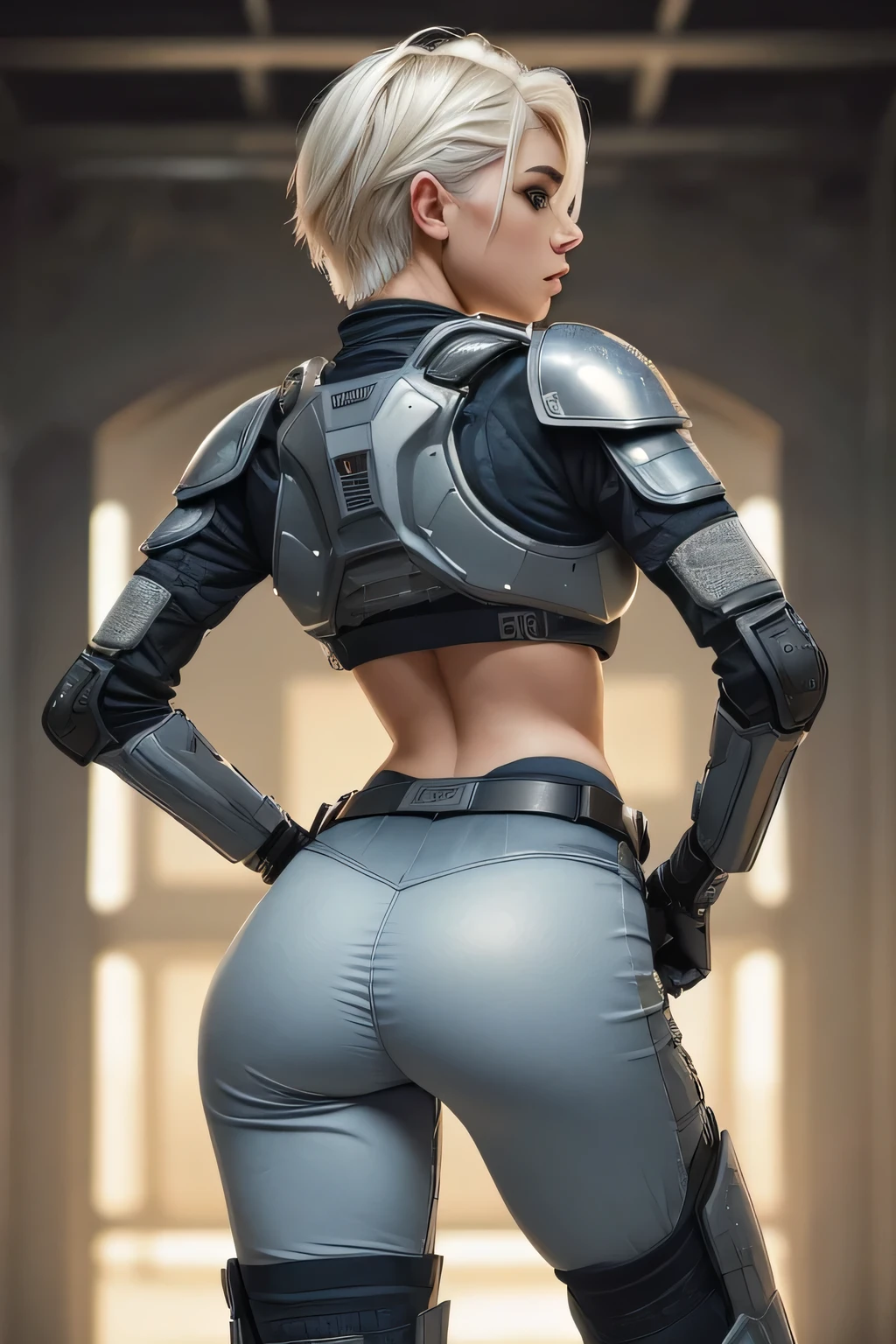 1 girl in, 21, photo of Alexa Bliss, photo of perfect woman, Solo, Aesthetic artwork, (Short platinum blonde hair, unruly hair: 1.25), (blue eyes, clear skin, pale skin, small breasts, B-cup, runners body, very thin waist, skinny, petite, detailed skin texture, (Masterpiece), (shot from behind, focus on ass:1.2), ((she wears a detailed tactical gear:1.1), (body armor:1.1), combat pants, gloves, (intricate Sci-Fi background:1.1), (extremely detailed 8k wallpaper), soft lighting, high quality, film grain, 50mm, High Detail, Sharp focus, (natural light), (cowboy photo:1.2), light particles