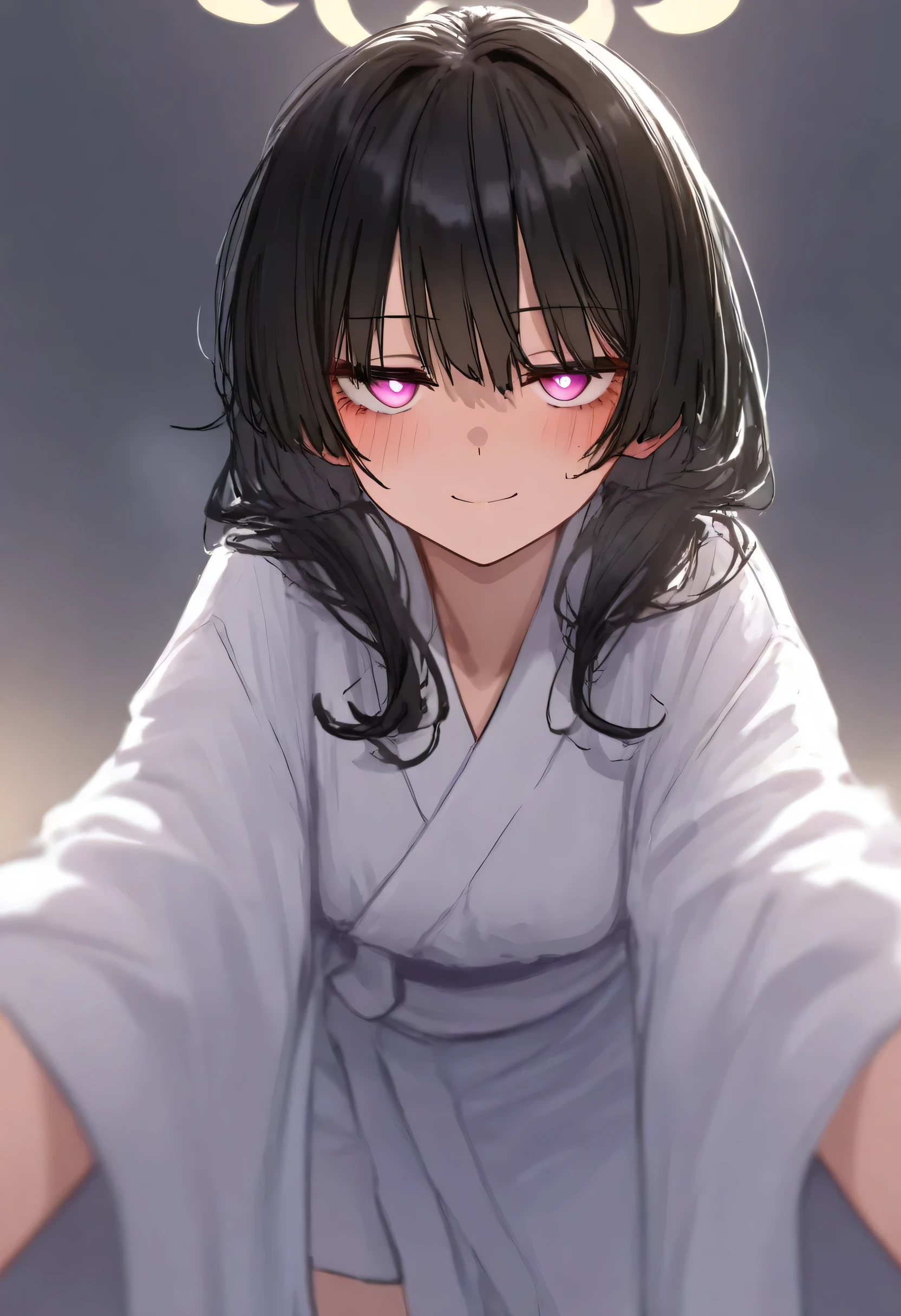 aruhshura, masterpiece, best quality, very awa, year 2024, newest, highres, absurdres, yokai, grinning, looking at viewer, curly, black hair, jitome