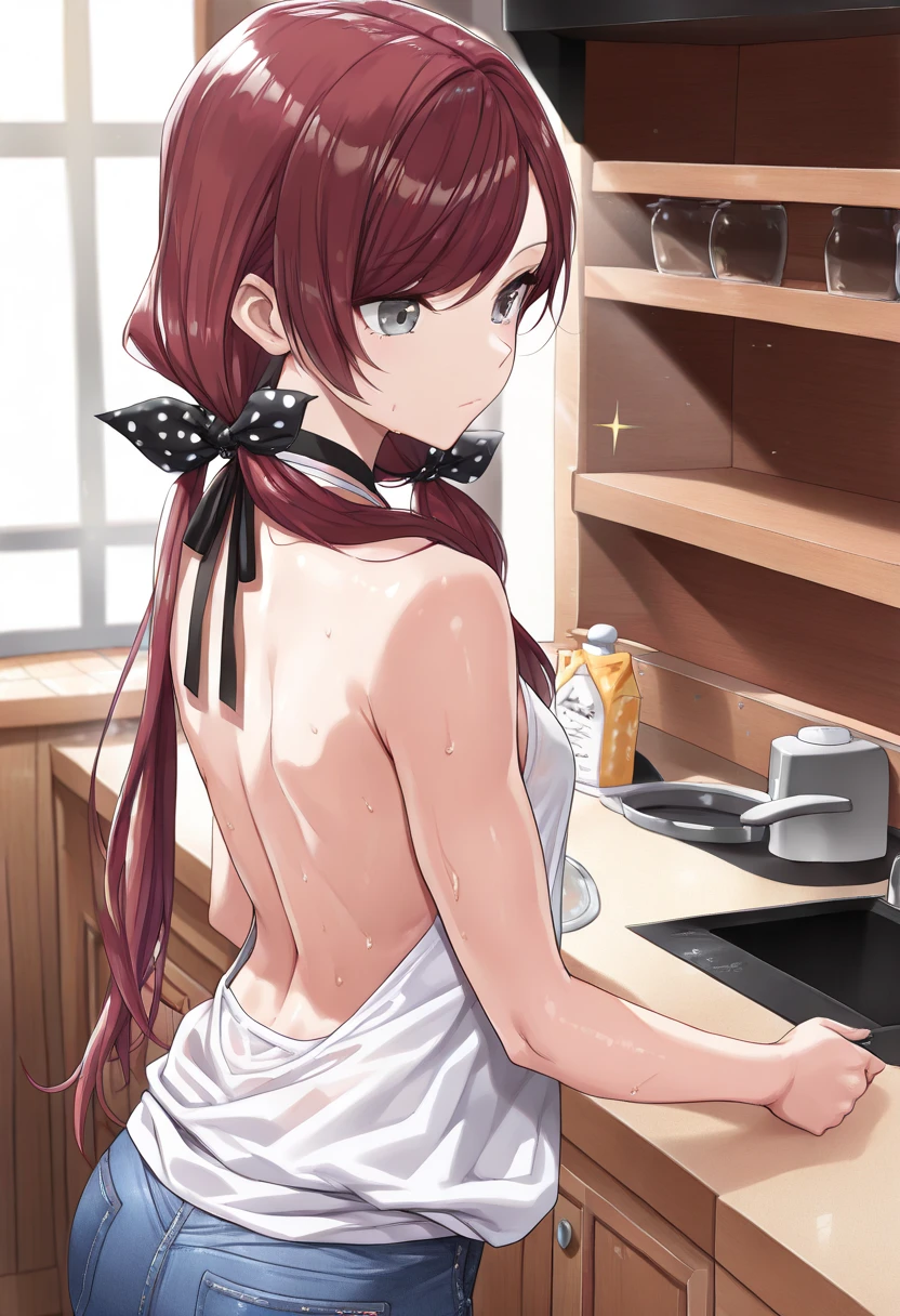 ランダムなポーズ、Full body, 8K, highest quality, masterpiece, ultra-definition, light purple hair, semi-long hair, light purple eyes, covering butt with hand, lipstick, full body, cooking, naked, wearing red apron, sitting in slippers , blushing, home kitchen, wearing an apron, crawling on all fours, leaning forward, angle from below, perfect hands, thin hands, night
