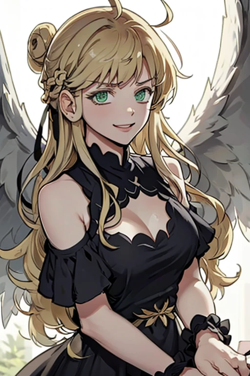 1 woman, alone, mature and adult woman, curly blonde hair, long hair, golden wings, wearing a black modern sensual dress (with makeup), portrait, (smiling seductively), focus on face