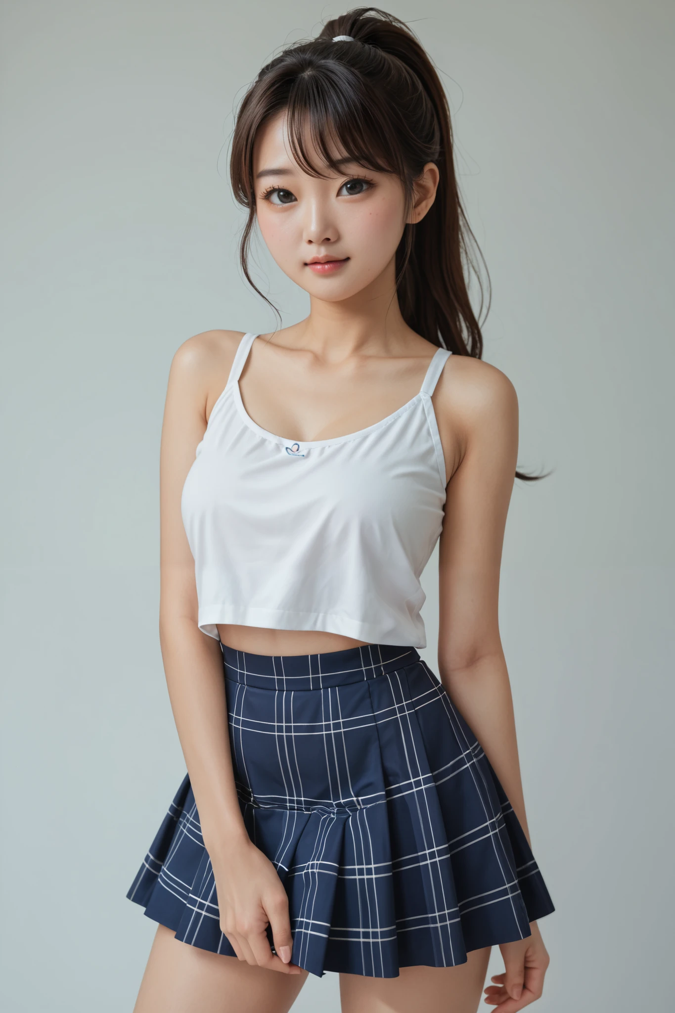  real ,cute,One Woman, Hair,ponytail,check skirt to hide chest and crotch, Korean,Fair skin