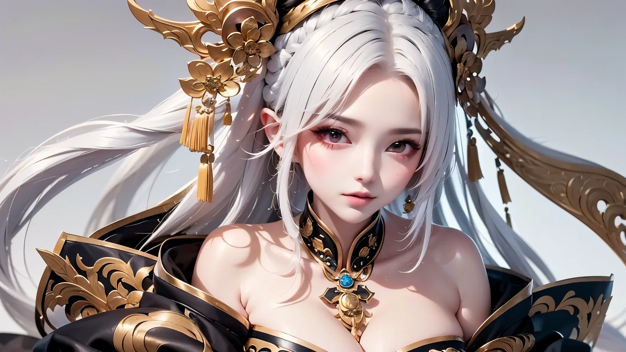 super high quality, masterpiece, Perfect illustration, Very detailed:1.6, white barance, 1girl, 23 years old, cute girl, white hair, sharp and big beautiful eyes, medium breasts, bright skin. fantasy royalty, onmyoji, majesty, asian dress. black and gold clothes. simple background, white background, white dust. hanbok、Chinese royal clothing, tilt head