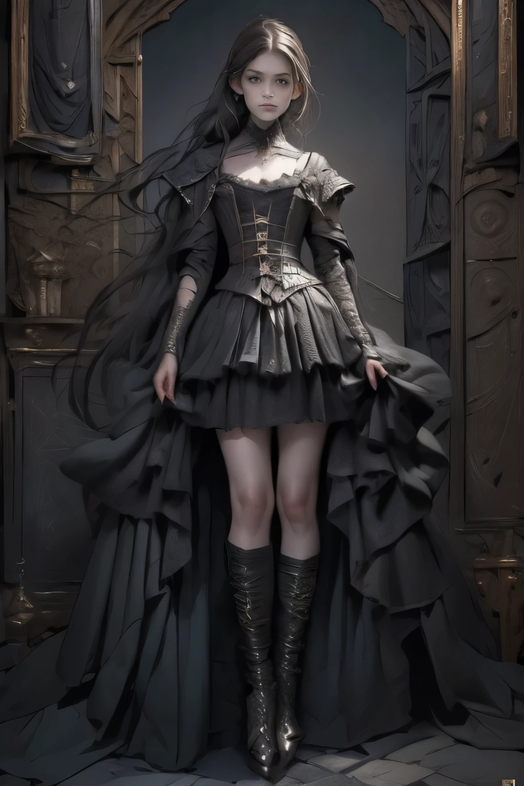 ((best quality)), ((masterpiece)), (detailed), (((mastepiece, of the highest quality, super detailed))), photorealistic, score_9, score_8_up, score_7_up, score_6_up, cinematic picture of (2girls), (girls), young, adorable, cute, innocent, thin, short, skinny small, (cute face), Long hair, a-line haircut, freckles, freckles on body, freckles on face, (2girls), natural skin, in dark room, long intricate hair, face focus, low light, dark night, shadows, short stature, slim skinny anorexic body, petite anorexic body, round face, youthful face, dramatic lighting, candid, perfect eyes, real life photo, selfie, portrait, naked belly,  perfect face , Dark fantasy art, dark fantasy, ((gothic art)), ((Bloodborne inspired)), (Victorian era inspired), (occultic vide), (cosmic horror vibe), (occultic military uniform), (military witch), ((intricate beautiful armour)), (Fluttering lace flared dress with frilly petticoats), (black and yellow clothing detailed and intricate steampunk and detailed gothic), (with a hood), thigh high lace stockings, complex buckled boots,  ((((Highly detailed face)))), small thin nose, Small thin lips mouth, (((Very sharp focused eyes))), ((perfect symmetrical beautiful eyes)). looking here, (resolved expression), (resolute expression), (sad face), ((fiery embers on the breeze)), ((smoke heavy in the air)), ((a sense of great conflict and adversity)), ((mature, foreboding atmosphere)), ((a sense of an ongoing apocalypse)), ((end times aesthetic)), ((biblically evocative)), ((dark and gloomy)), beautiful (((very small breasts))), (((little boobs))), (((tiny breasts))), (((flat chest:0.1))), (((very tiny boobs))), (((very flat chested))), ((brunette)) hair, ((long ponytail, thick ponytail, heavy ponytail)), very long eyelashes, soft lighting, nsfw, ((penitent, submissive))