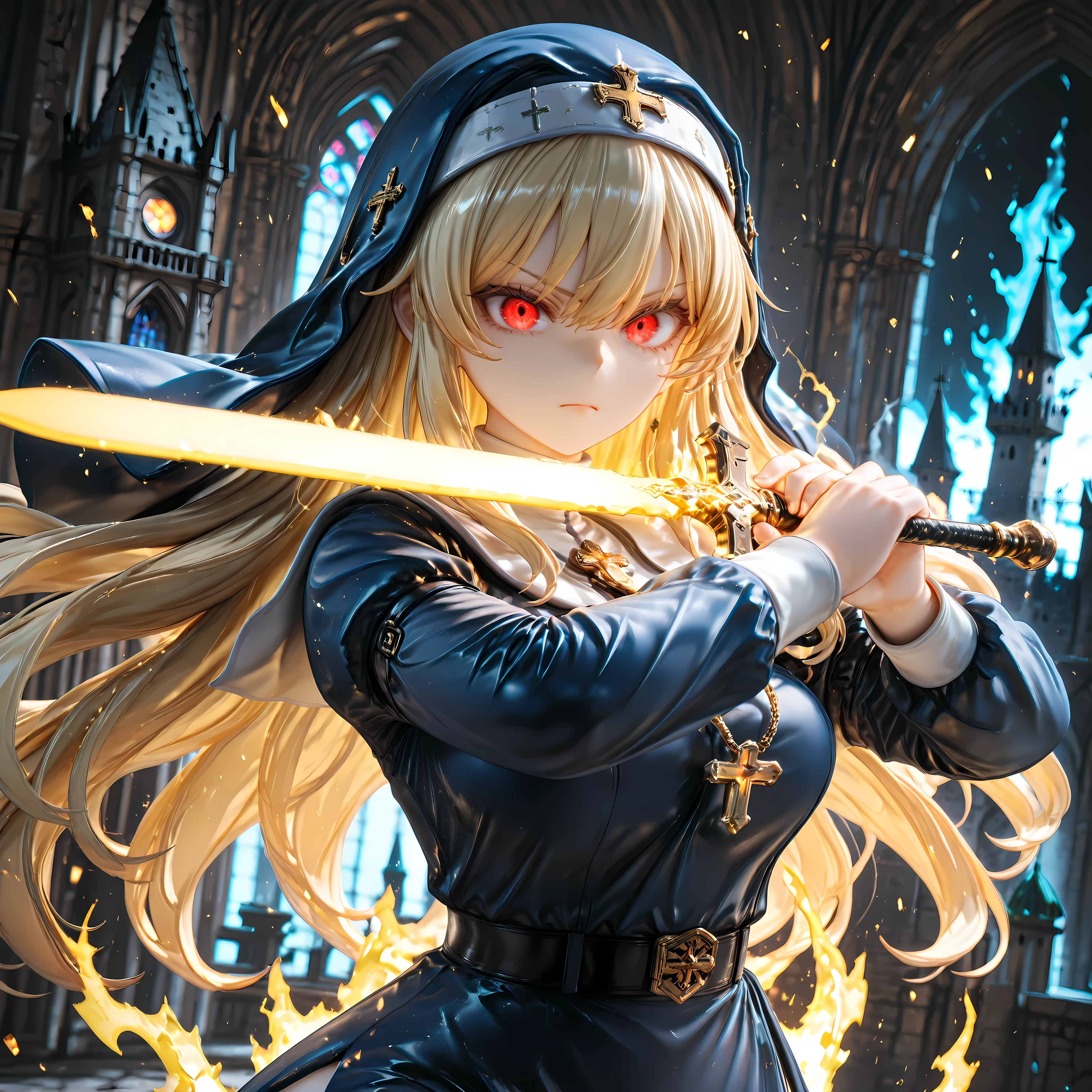 solo, 1girl, aiming a Longsword at viewer, (glowing yellow sword, aura:1.3), fighting stance,
BREAK 1girl, nun, long dress, (navy:1.3) dress, glowing red eyes, long blonde hair, serious,
BREAK night, dark background, castle,
BREAK diffraction spikes, depth of field, dynamic angle, (Luminescent sword effects:1.2), cinematic shadow, upper body,
BREAK 3D, (masterpiece, super fine illustration, highly detailed), best quality, expressive eyes, perfect face, perfect weapon,