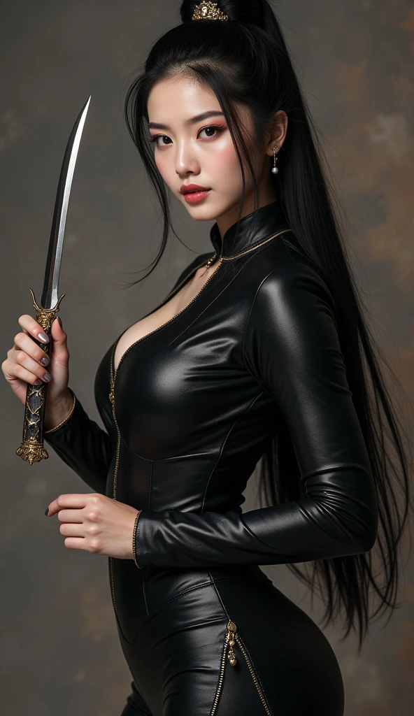 Korean Girl with perfect body with with gamer dress long hair upto to  chest looking serious with black dress  and big sword 