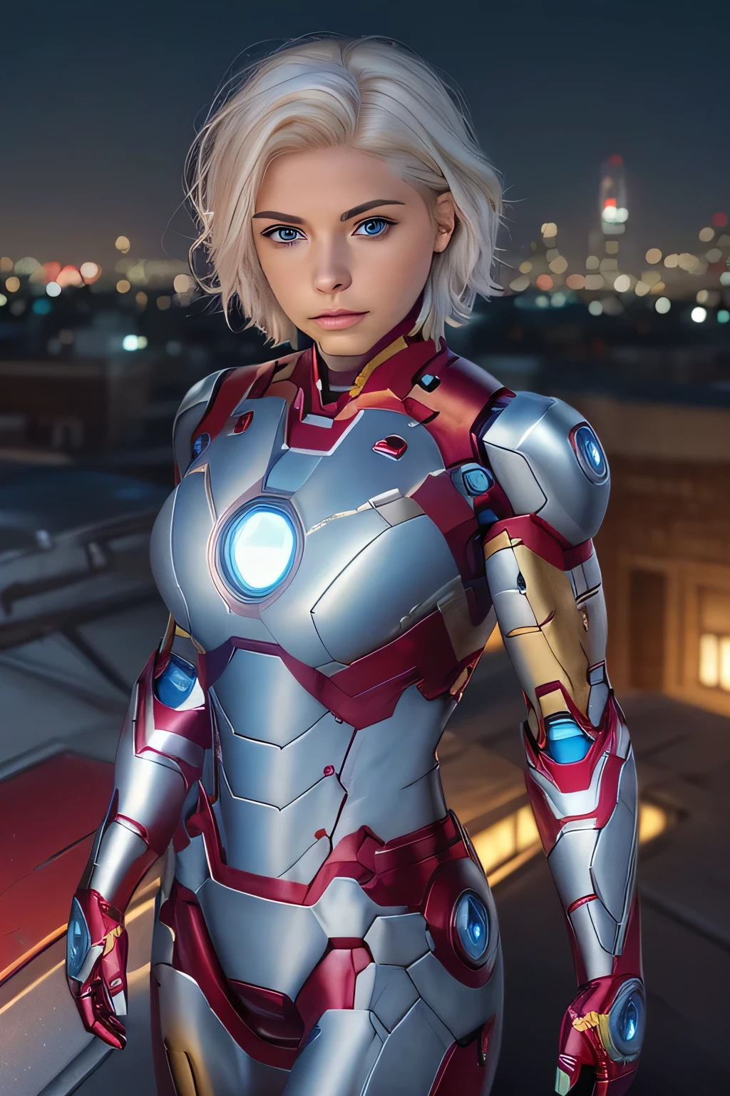 1 girl in, 21, photo of Alexa Bliss, photo of perfect woman, Solo, Aesthetic artwork, (Short platinum blonde hair, unruly hair: 1.25), (blue eyes, clear skin, pale skin, small breasts, B-cup, runners body, very thin waist, skinny, petite, detailed skin texture, (Masterpiece), (focus on breasts:1.2), ((wearing a iron man suit, pure white and blue iron-Man suit, gender Bend iron man cosplay), rooftop Skyline, on a rooftop, Stary night, evening, (extremely detailed 8k wallpaper), soft lighting, high quality, film grain, 50mm, High Detail, Sharp focus, (natural light), (cowboy photo:1.2), light particles