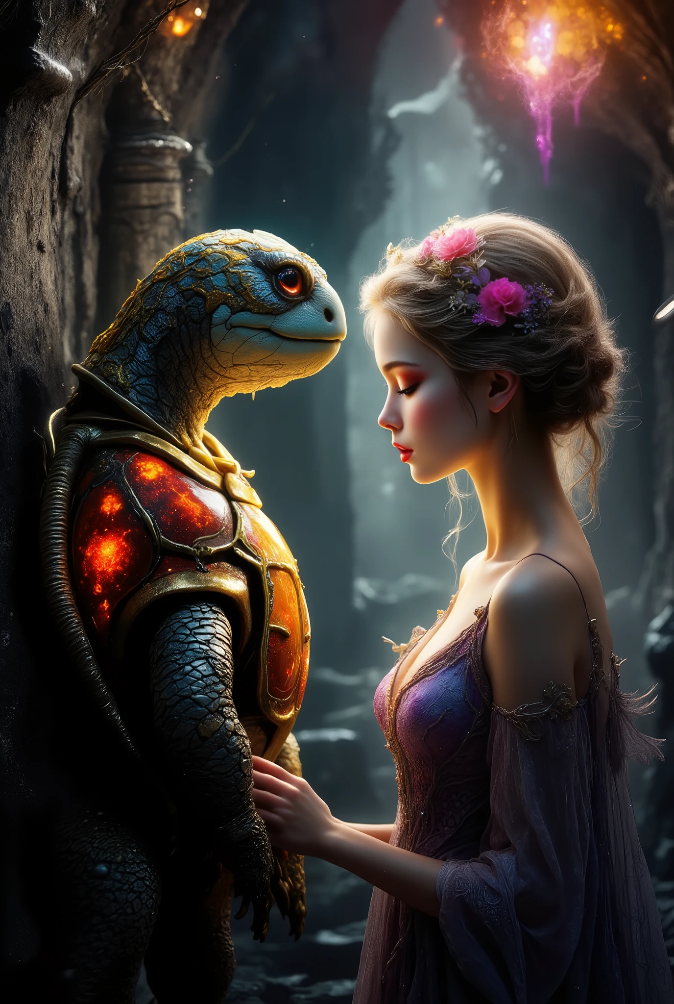 a turtle man and a white-haired woman looking into each other's eyes