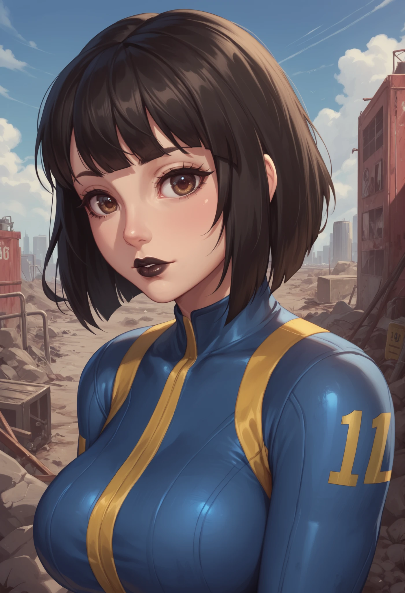 Vault girl from fallout with black bob-cut hair and hazel eyes, fallout vault leather jumpsuit, cute face with black lipstick and mascara, ear, (blunt bangs), black hair, (tareme, detailed cute brown eyes), curled eyelashes, shiny hair, beautiful detailed eyes, beautiful face, vault suit, (curvy:1.2), expressionless, parted lips, outdoors, city ruined by nuclear war, fallout vault girl, tight bodysuit fallout vault, black hair, dark lipstick,Vault girl from fallout with black bob-cut hair and hazel eyes