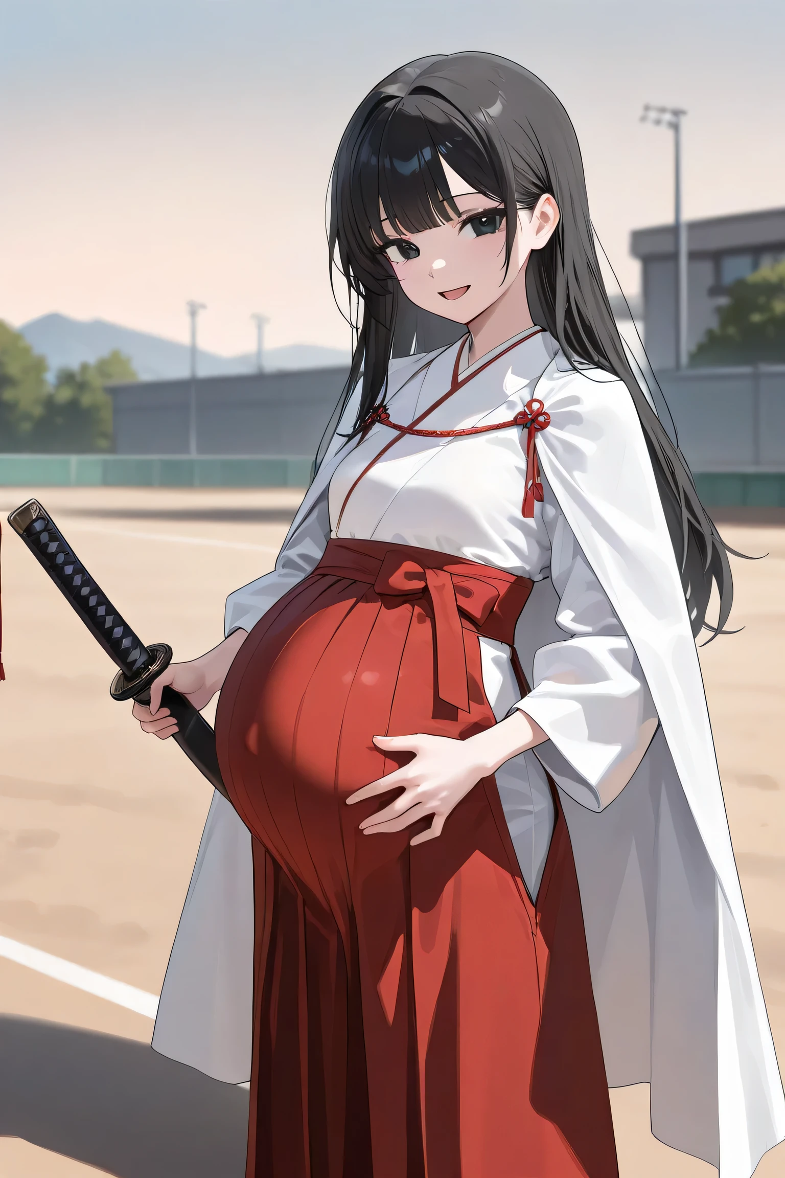 Anime image of a pregnant woman holding a sword in a baseball field