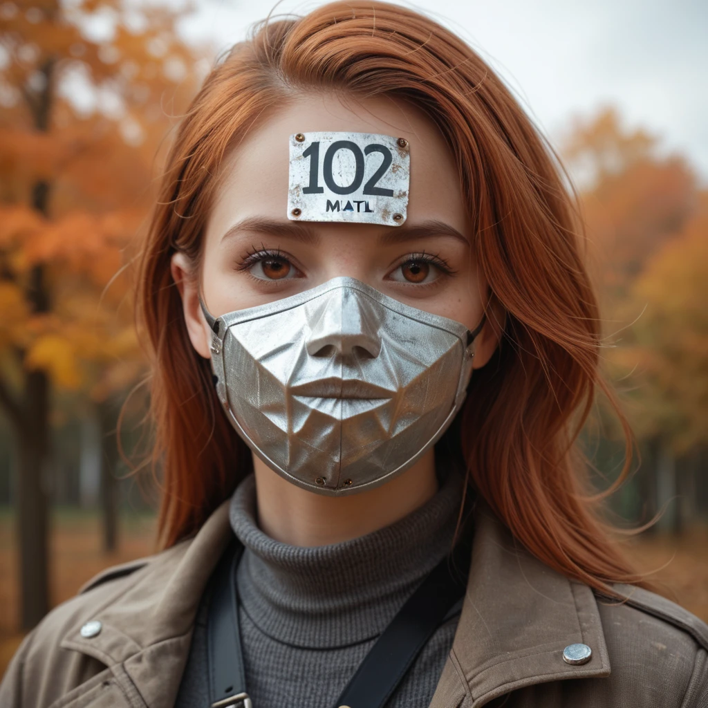 1 number, rusty metal color hood, brown eyes, full mask made of rusty metal material ( simple style ). Head-to-neck photograph, Anatómicamente correcto, simple style , Autumn background