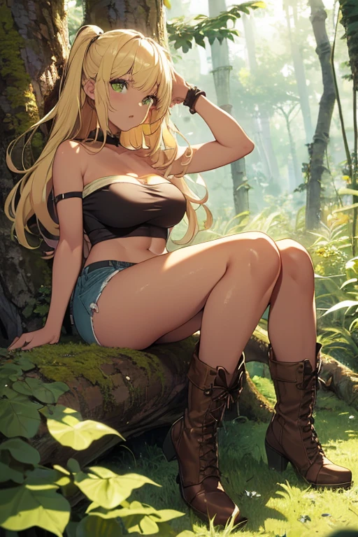 1girl,solo,cute,big breast,cleavage,in desert,on the rock,cactus,like a lion