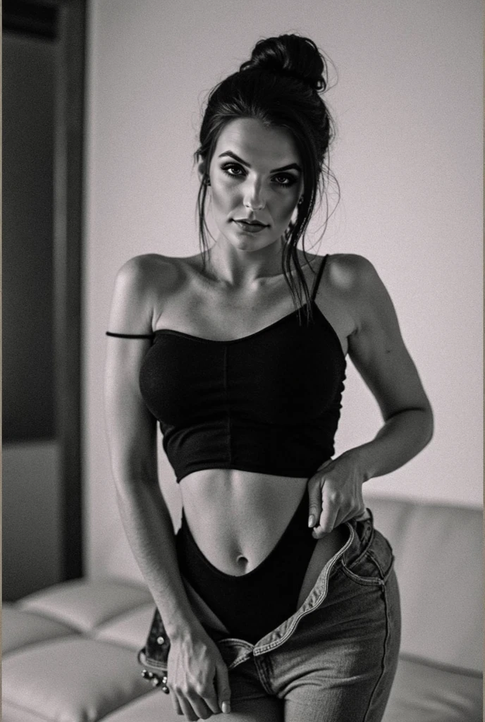 a black and white photo in the style of Helmut Newton of Cristy Turlington in open shirt