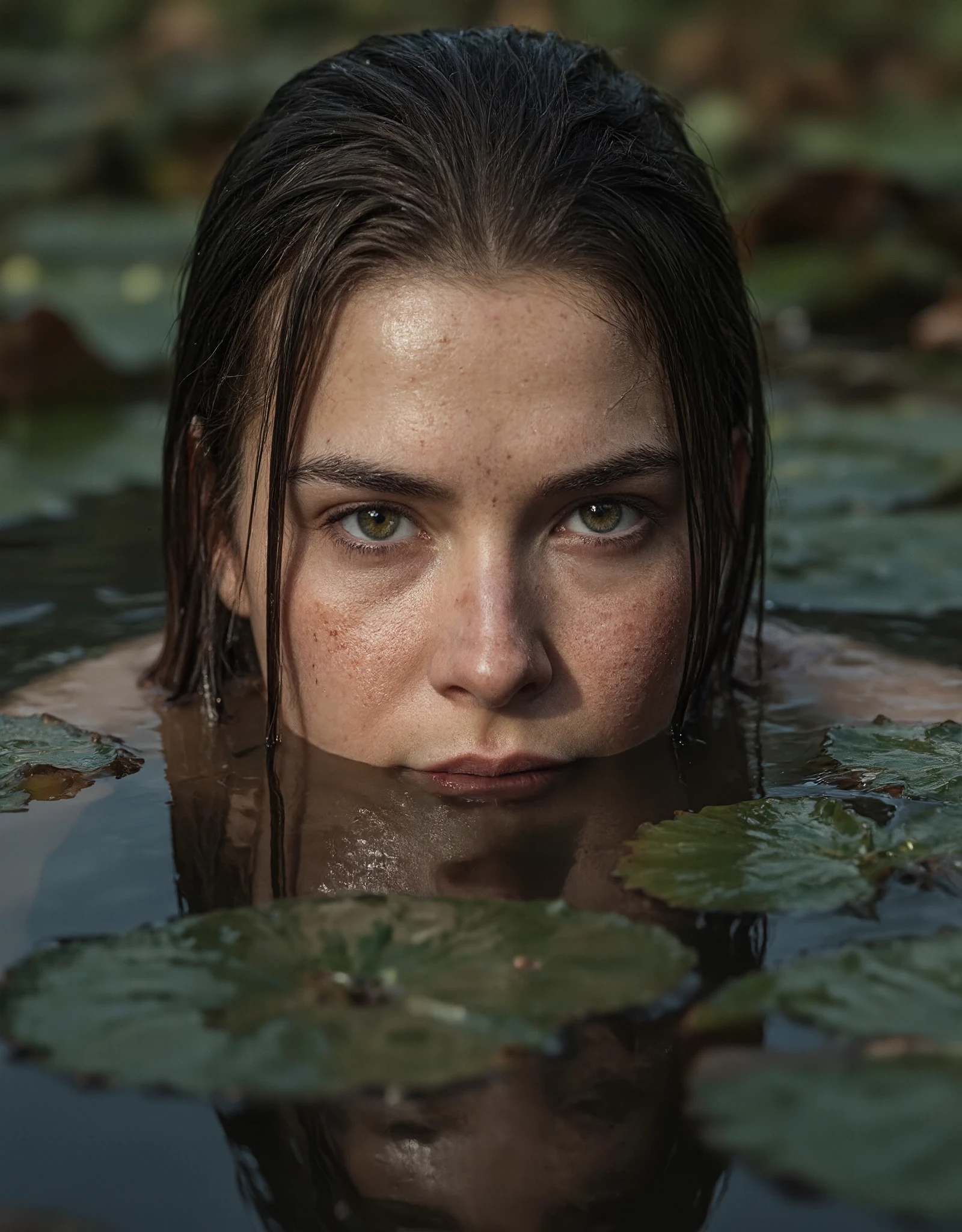 There is a woman in the water with lily pads on her head - SeaArt AI