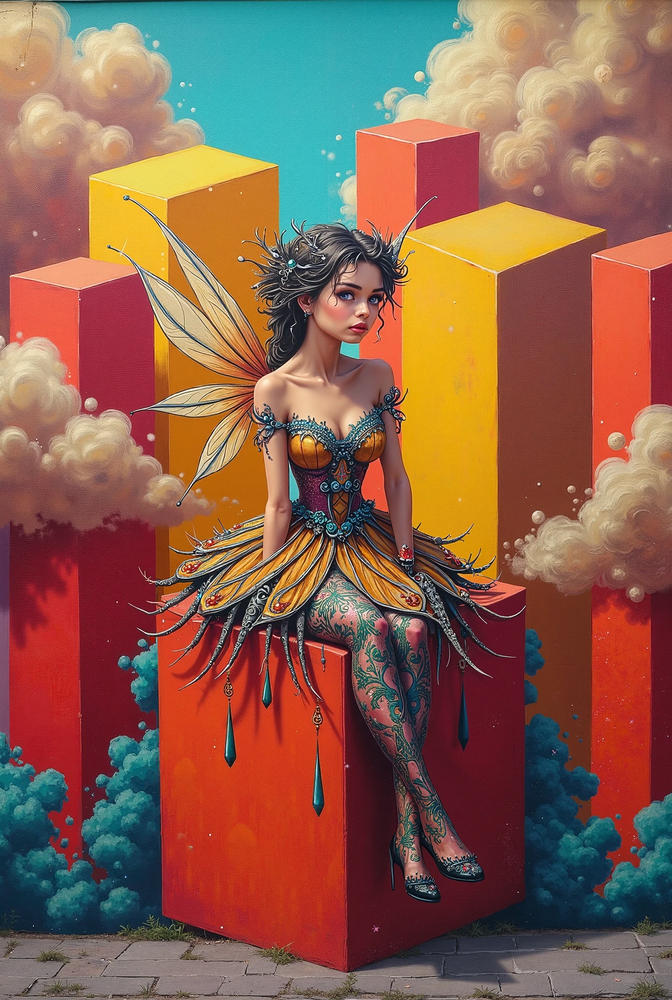 (best quality: 1.4), (masterpiece: 1.2), detailed, complex, high resolution, iridescent colors, A charming and fascinating creature with otherworldly forms that blend the best aspects of the monster human form and the innocent charm of a precocious child, scales, wings, blue, texture, complex, gorgeous, 3D, highly detailed, decorative style, Tim Burton, Dale Chihuly, Bruce Zheng, Cyril Rolando, H. R. Giger $plastic$ Grid: Real Lenoid afremov style, wet, fire