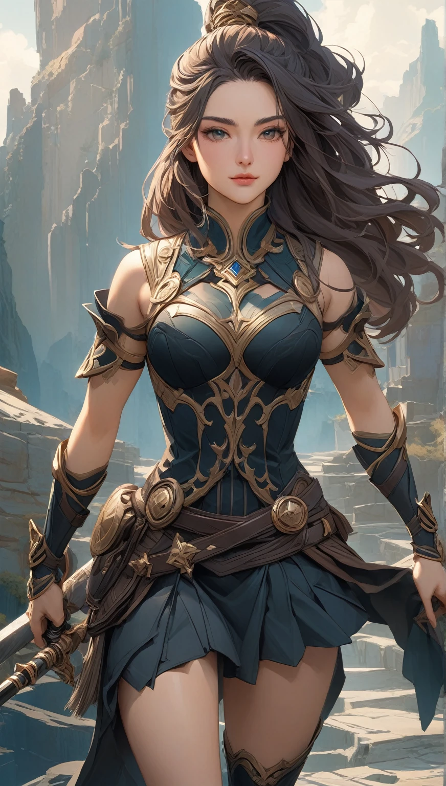 Melhor qualidade RPG mulher meio gigante, muito bonita, Beautful, morena, seios medio, mulher forte, guerreira, arma: Black revolver at the waist, roupa:  vestido preto aberto na perna, serious face, idade: 26 anos