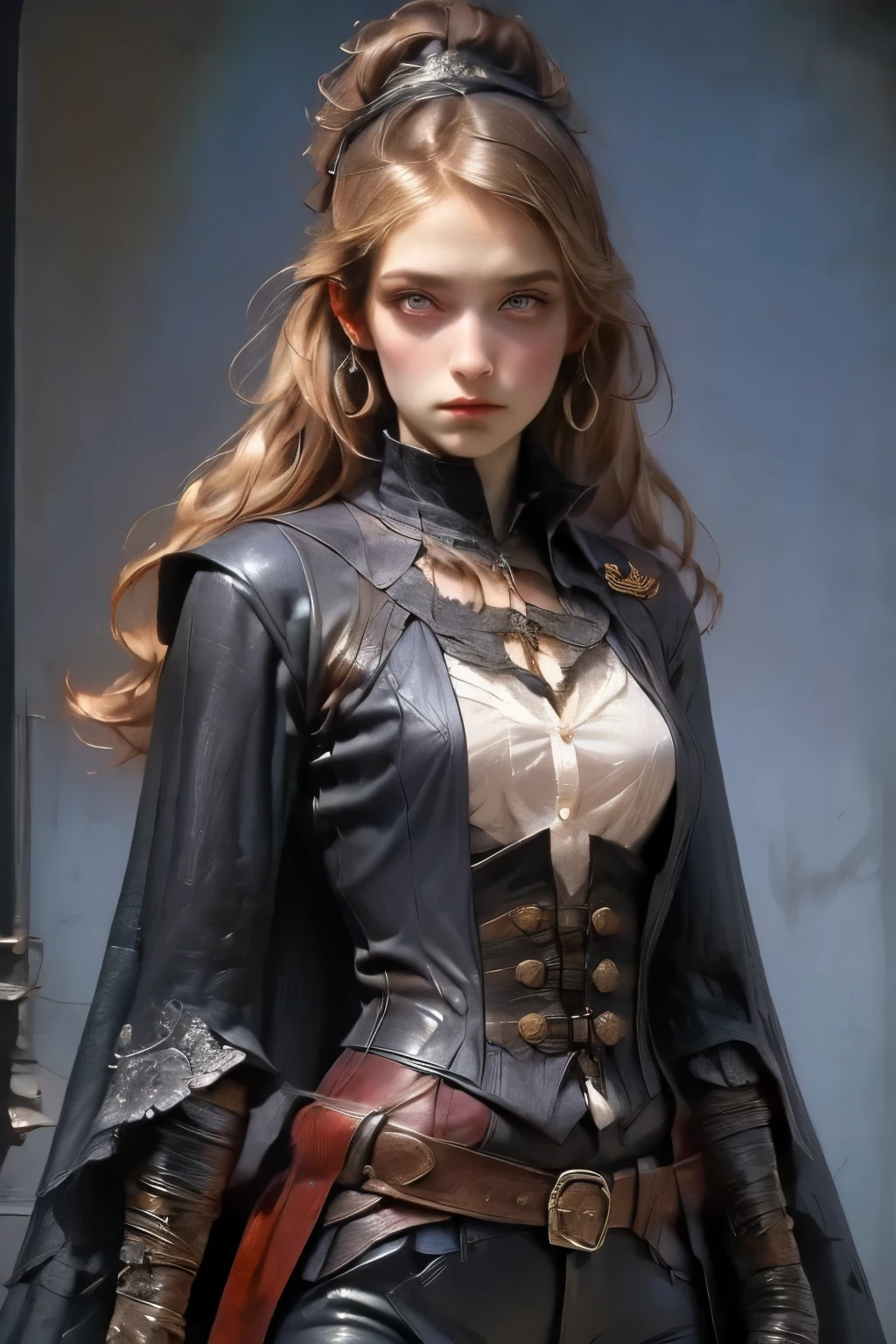 ((best quality)), ((masterpiece)), (detailed), score_9, score_8_up, score_7_up, score_6_up, (1girls), a female occultic knight, witch, knight, wielding a rapier-like sword, perfect face (((mastepiece, of the highest quality, super detailed))), photorealistic, Dark fantasy art, dark fantasy, ((gothic art)), ((Bloodborne inspired)), (Victorian era inspired), (Brotherhood Of The Wolf inspired), Lady Maria inspired, typical witches hat sharing design features of a hunter's cap, (leather trousers with buckles and belts), (occultic vibe), (cosmic horror vibe), (occultic military uniform), (military witch), ((intricate and beautiful cloth and leather clothing)), (regal and elegant, a person of great social importance), ((mature, foreboding atmosphere)), ((dark and gloomy)), ((((Highly detailed face)))), small thin nose, Small thin lips mouth, (((Very sharp focused eyes))), ((perfect symmetrical beautiful eyes)). looking here, (resolved expression), (resolute expression), (sad face), beautiful (((very small breasts))), (((little boobs))), (((tiny breasts))), (((flat chest:0.1))), (((very tiny boobs))), (((very flat chested))), ((blonde)) hair, ((long ponytail, thick ponytail, heavy ponytail)), very long eyelashes, soft lighting