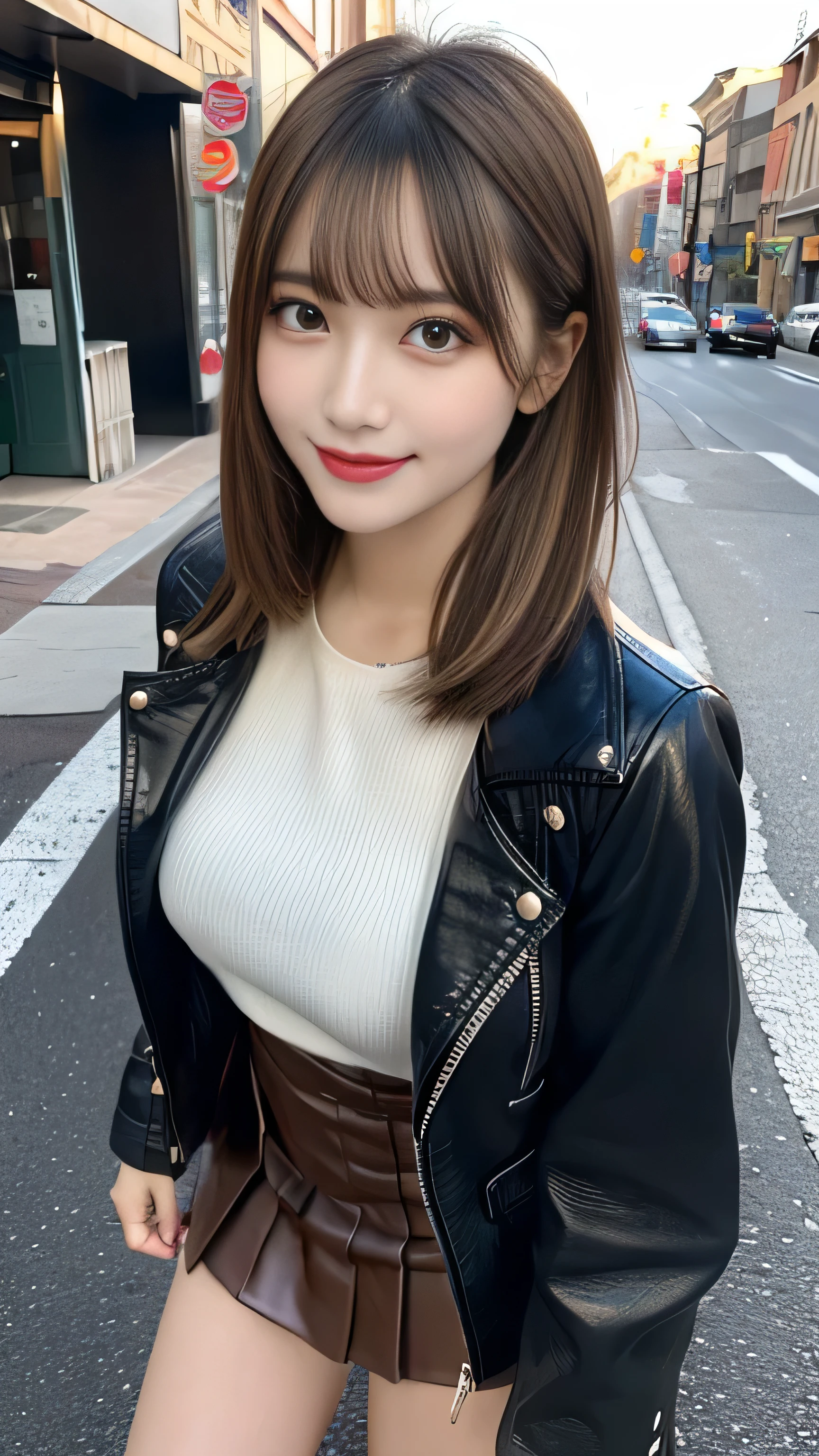 front view:1.5, large breast:1.4, full body photo,((focus on crotch)), she is in a street, standing on a street, one girl, High resolution ,blonde hair, Light Hair Color, sexy, Beautiful eyelashes ,High resolution ,Zoom out ,20-year-old ,Highest quality ,Very detailed ,Finer details ,High resolution ,8k wallpaper ,Beautiful eyes in every detail ,Natural lip color ,very beautiful:1.5, Full body,front view:1.5,looking camera, (riders leather thick Jacket,knee high boots, very high gloss:1.3, brown leather pleated mini thick skirt, Little Devil Smile), curvy thighs:1.5, (a beauty girl, delicate girl:1.3), break, very fine eyes, (symmetrical eyes:1.3), break,brown eyes, parted bangs,best smile, break, (eyes and faces with detailed:1.3), break, (masterpiece, best quality, ultra detailed, detailed face, 8k)