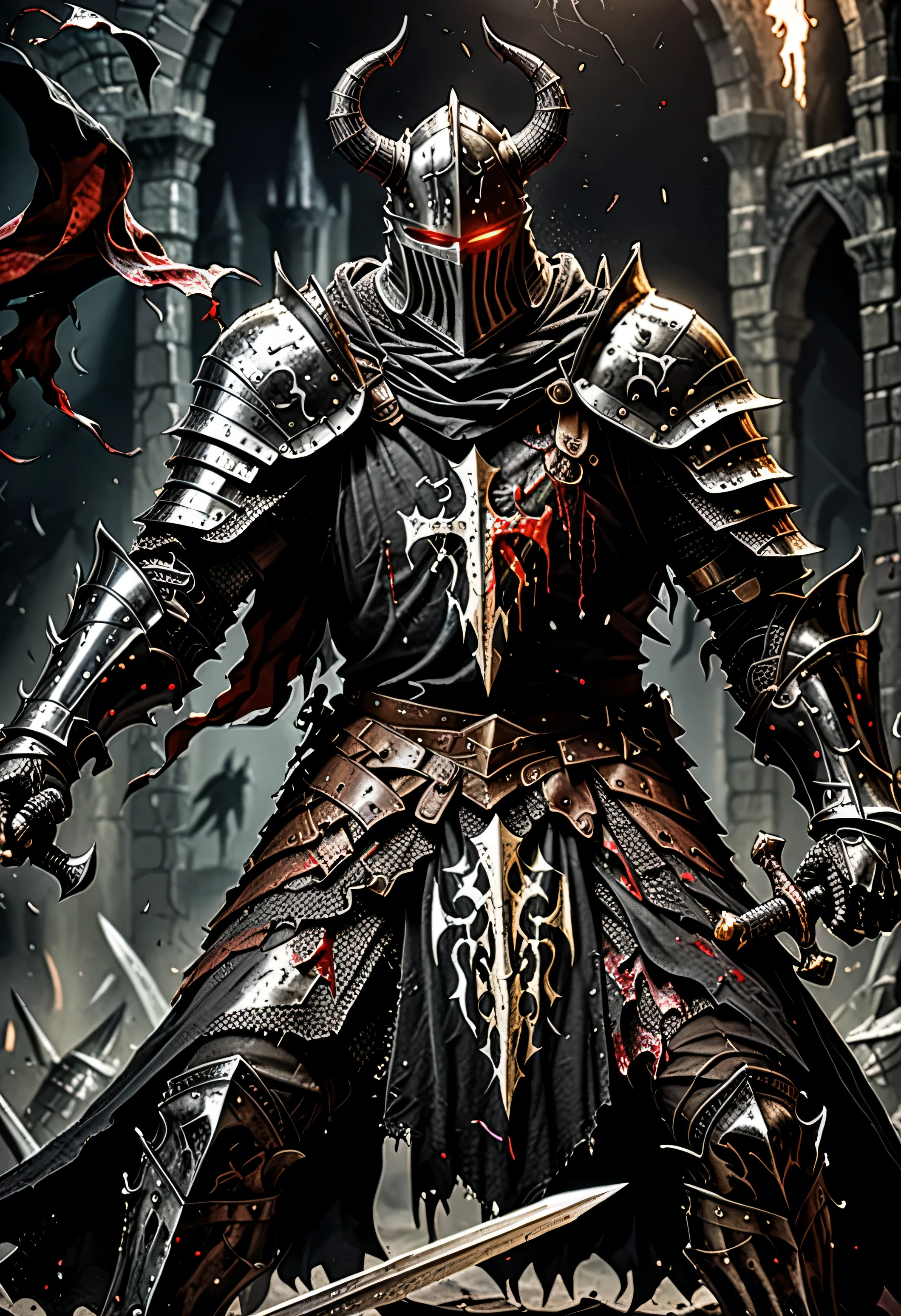 Monster knight, paladin black, five demon horn, dark aura, dark particleBlack Crusader, berseker Crusader, The torn fabric on his scarf and armor, torn like a tough knight,Dark , like elden ring, dark armor Scary and Badass armor, sharp armor has a monster-like shape, lots of blood on the armor, like an evil dark knight, kneeling pose doing a sword salute, Hd light and darknessHD lighting and dark )<=(epic image quality)dark atmosphere with bright particle light(many effects in background