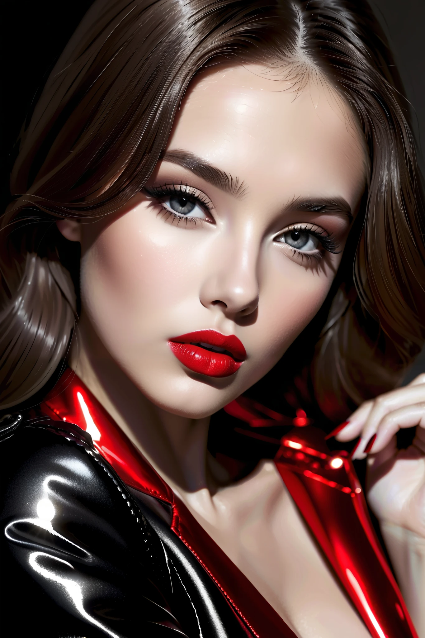1girl, Sublime femme suédoise très sexy, Detailed lips, detailed eyes, detailed eyelash, detailed face, (((sublime and detailed full body))), long cheveux, visage de séduction, (((shiny red lipstick :2.0, glossy lipstick))), photo du corps entier:2.5, ((porter un manteau_rouge, porte des talons_aiguilles_rouge)),(( photo noir et blanc, black and white, Low-angle photo)), (((photo noir et blanc : 2.0, black and white photo :2.0, shiny red only on lipstick, b/w, b&w, une femme, 1girl))) abdominaux légèrement dessinés, nombril visible