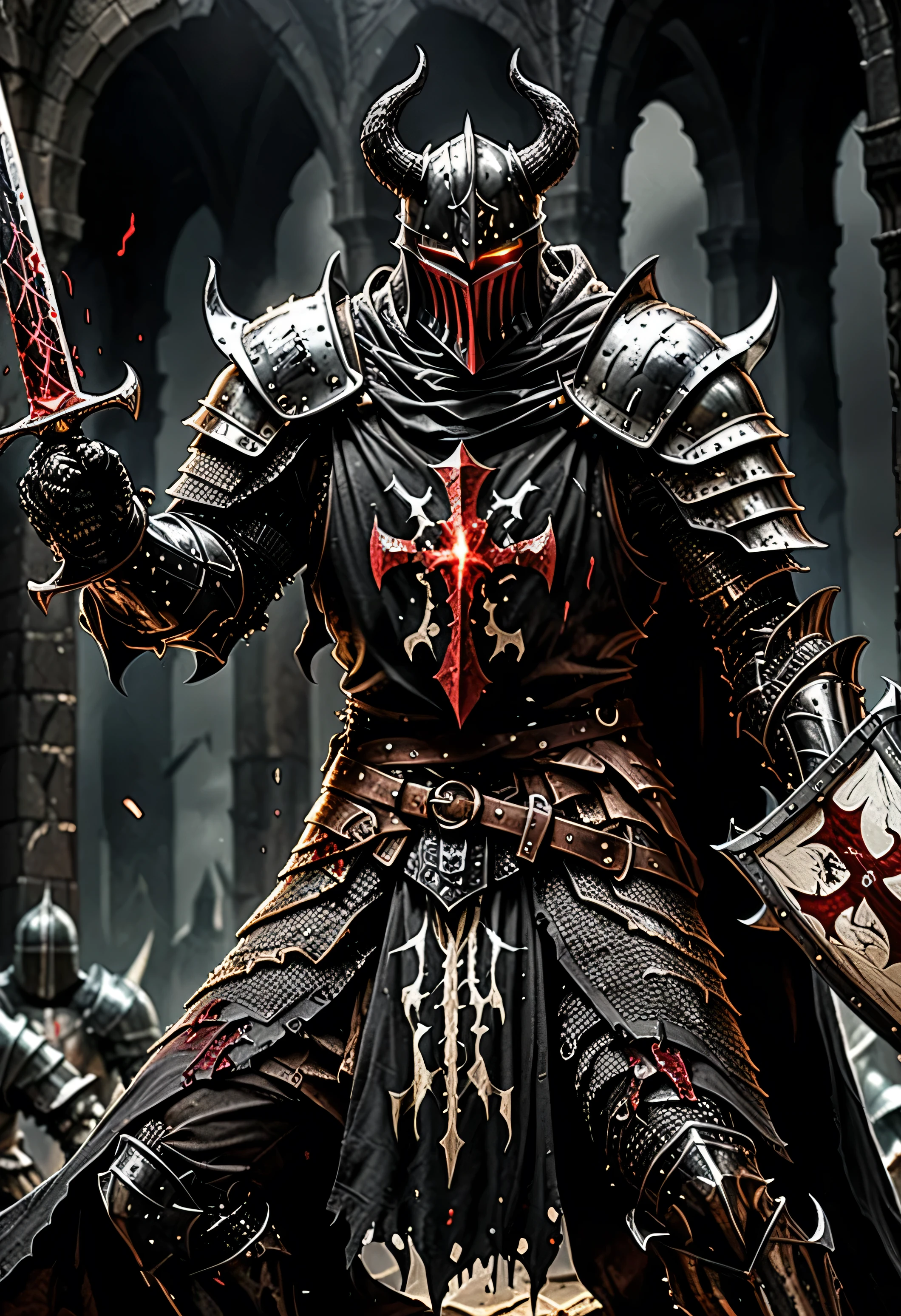 Monster knight, paladin black, five demon horn, dark aura, dark particleBlack Crusader, berseker Crusader, The torn fabric on his scarf and armor, torn like a tough knight,Dark , like elden ring, dark armor Scary and Badass armor, sharp armor has a monster-like shape, lots of blood on the armor, like an evil dark knight, kneeling pose doing a sword salute, Hd light and darknessHD lighting and dark )<=(epic image quality)dark atmosphere with bright particle light(many effects in background