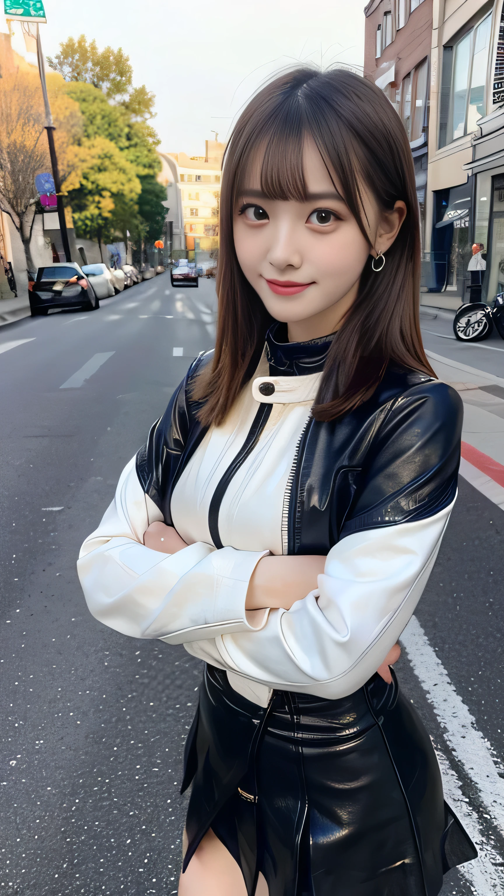 front view:1.5, large breast:1.4, full body photo,((focus on crotch)), she is in a street, standing on a street, one girl, High resolution ,blonde hair, Light Hair Color, sexy, Beautiful eyelashes ,High resolution ,Zoom out ,20-year-old ,Highest quality ,Very detailed ,Finer details ,High resolution ,8k wallpaper ,Beautiful eyes in every detail ,Natural lip color ,very beautiful:1.5, Full body,front view:1.5,looking camera, (riders leather thick Jacket,knee high boots, very high gloss:1.3, brown leather pleated mini thick skirt, Little Devil Smile), curvy thighs:1.5, (a beauty girl, delicate girl:1.3), break, very fine eyes, (symmetrical eyes:1.3), break,brown eyes, parted bangs,best smile, break, (eyes and faces with detailed:1.3), break, (masterpiece, best quality, ultra detailed, detailed face, 8k)