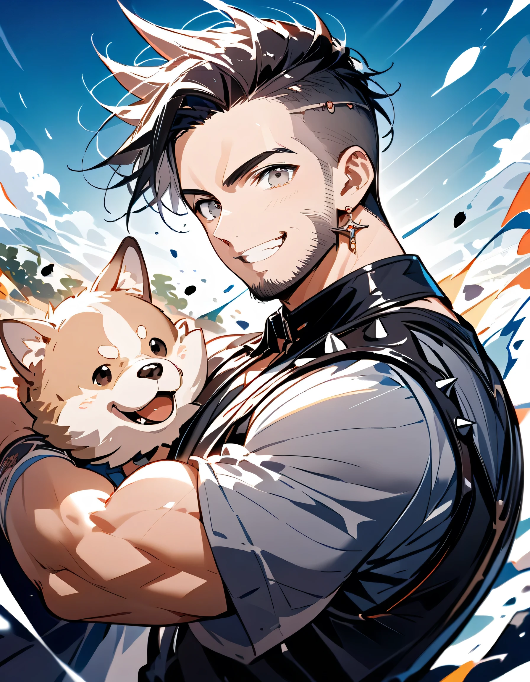 score_9, score_8_up ,score_7_up ,source_anime,source_comic,source_illust,sideview,(looking at viewer),man,50years old,(The face of an old man with dignity),man's eyes,man's nose,man's mouth,grin,(short spiked hair),forehead,sidecut,undercut,beard,gray tshirts,denim pants, muscles,fighting stance,with dog( Pomeranian),.(Complete Anatomy:1.3),(manga style),(sketch),(illustration),best quality, official art, official style, anime_Cap, game cg, megami magazine