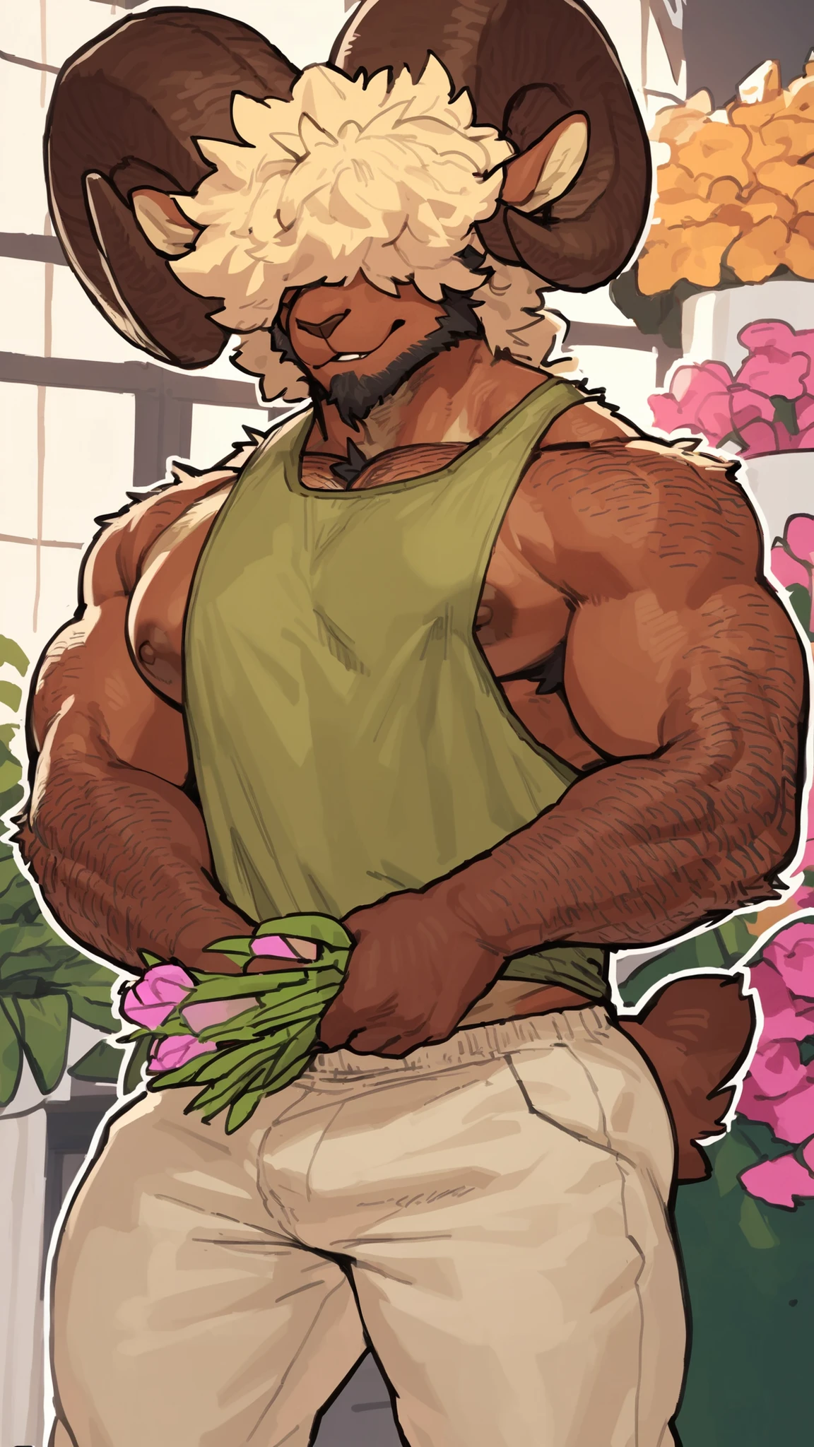 bara ram, full body, perfect anatomy, masterpiece, hunk, huge ram horns, florist, thin beard, dynamic light, blond afro haircut, afro covering the eyes((huge ram horns, the hair is covering the eyes):1.1), hair shoulders, hairy chest, hairy arms, solo, great lighting, by bebebebe, by ZIXiong, by zackary911, by SligarTheTiger, by RED8EAN, white outline, very detailed face, solo, working in a flower shop, detailed face expression, looking at the viewer, florist outfit, dirty oversized tanktop revealing the nipples, low chino pant, holding flowers