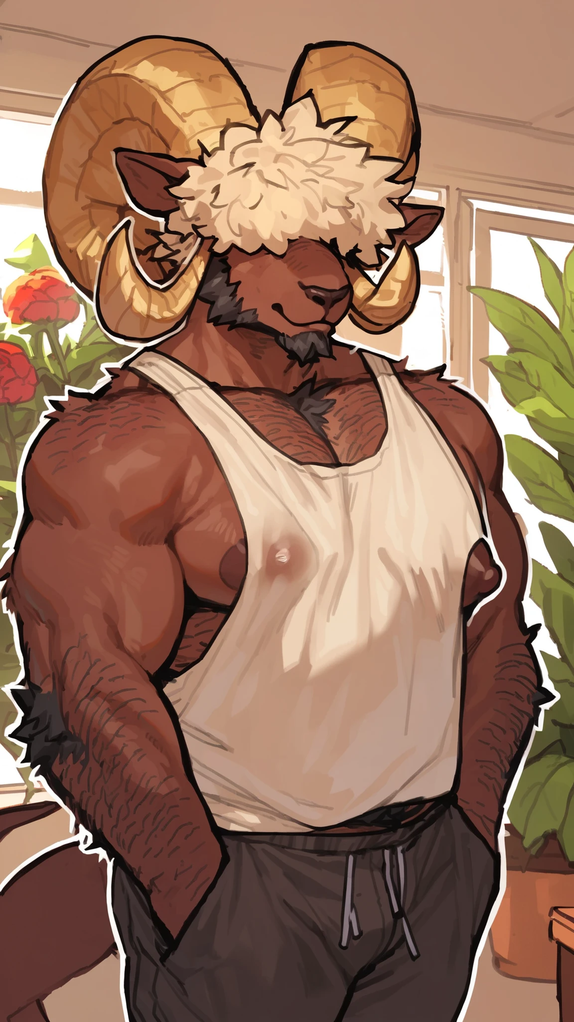 bara ram, full body, perfect anatomy, masterpiece, hunk, huge ram horns, florist, thin beard, dynamic light, blond afro haircut, afro covering the eyes((huge ram horns, the hair is covering the eyes):1.1), hair shoulders, hairy chest, hairy arms, solo, great lighting, by bebebebe, by ZIXiong, by zackary911, by SligarTheTiger, by RED8EAN, white outline, very detailed face, solo, working in a flower shop, detailed face expression, looking at the viewer, florist outfit, dirty oversized tanktop revealing the nipples, low chino pant, holding flowers