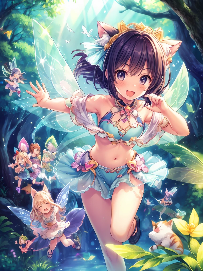 ((masterpiece)), ((highest quality)), (ultra high resolution,8K),(Ultra high fine mesh,4K), (Highly detailed CG integrated 8k wallpaper), (perfect anatomy,anatomically accurate), (dynamic composition, (((Sitting on a branch of a tall treeセクシーな魅力を持つ爆乳三姉妹の妖精))), (((Faithfully reproduced three big-breasted sisters fairies))), (Sitting on a branch of a tall tree:1.5), beautiful butterfly in flight, (Surprised gesture:1.4), ((whole body)), (brown hair +1.2), blonde hair, (short bangs), (dynamic composition), High definition beauty face, (more beautiful blue eyes), (open your mouth), (wet body)), shiny skin, fine skin, thin hair, background, (Butterflies flying around a woman), (starry sky), forest, Pillar of Light, moonlight, Sparkling, (midnight, darkness), Shining six-pointed star