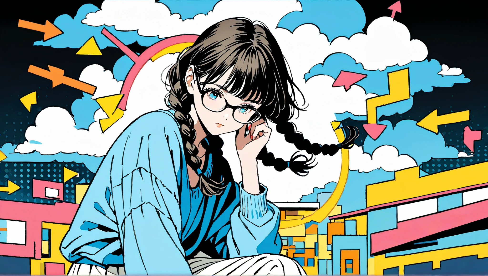 ((cloud))、((alone)),((Arrow)),(( Vivid Colors )), expressionless,((Black hair long hairstyle with braids)),((( black rimmed glasses))),masterpiece, Highest quality, Beautiful attention to detail, Very detailed, In detail, High resolution, (( blue blouse、 white skirt))),Perfect Anatomy, , , girl, (one person:1.5), alone, (City pop illustrations), (simple white background ), Simple disco Background, (), (night), 80's fashion,anime,