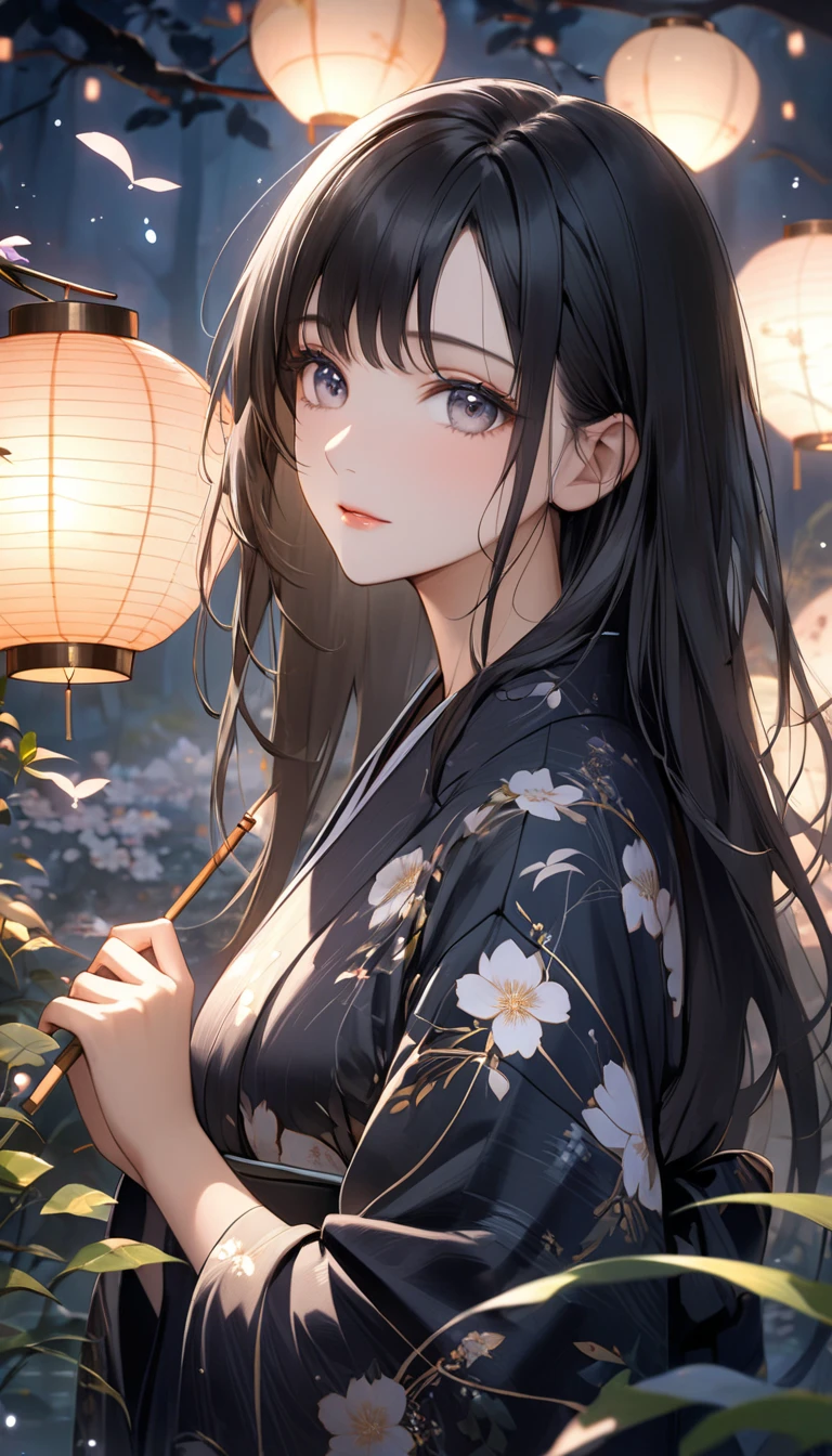 extremely detailed body,girl,woman,female,mature,30 years old,long hair,bangs,streaked hair,black hair,shiny hair,beautiful detailed cold face,cold smile,bright pupils,bare_shoulders,medium_breasts,(red eyes),hair_flower, kimono,(no underwear),Lots of piercings,night,(pond),Grass is growing in the foreground,beautiful detailed sky,moon,cold light, bokeh,(((Watercolor Techniques))),wet,Unreal Engine,digital art,extremely detailed CG unity 8k wallpaper,