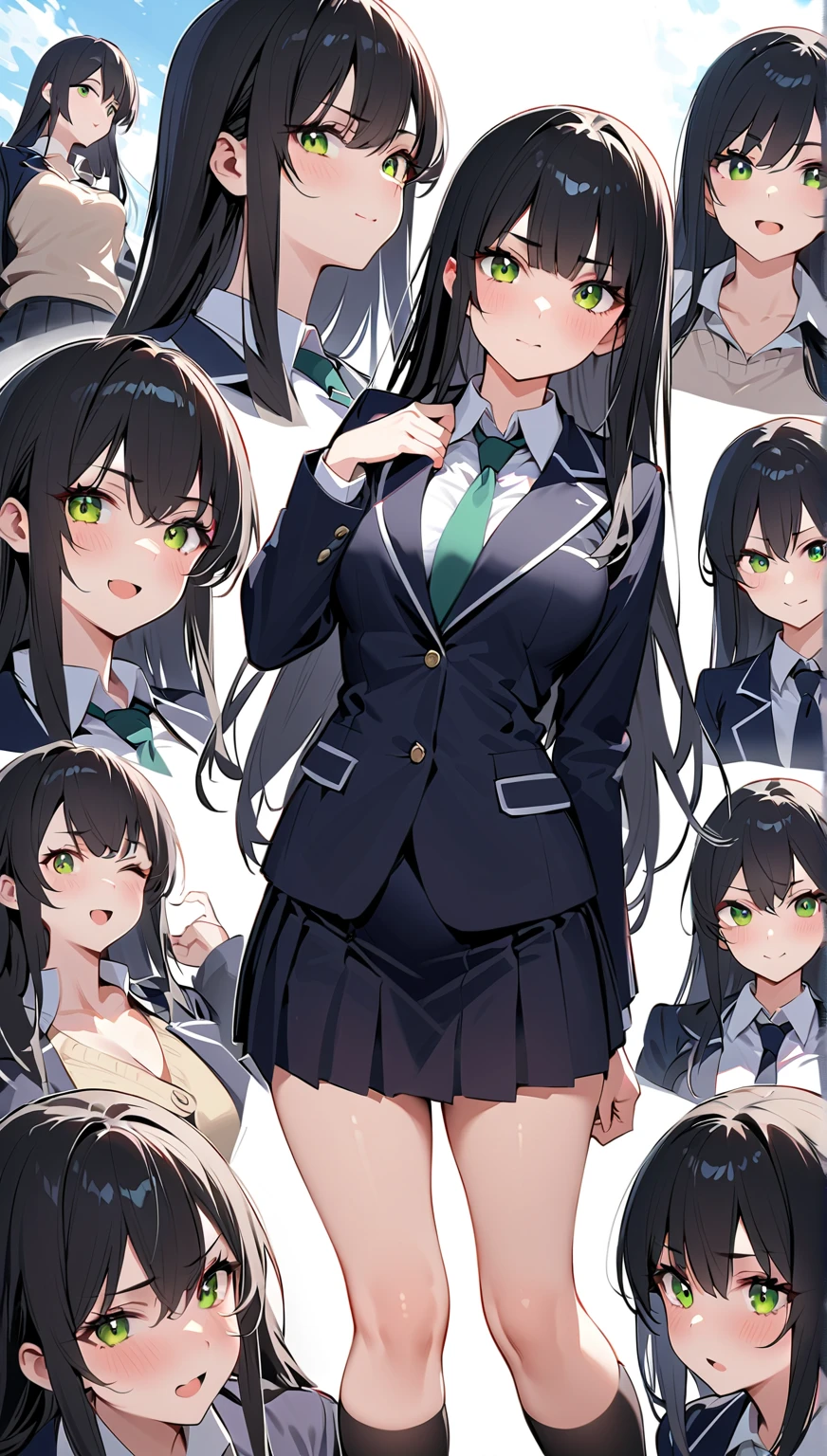 One Girl, (masterpiece), Highest quality, Black Hair, Bob, Braiding, Green Eyes, smile, (he is short), (Young), Small breasts, (No breast swelling), navy and white blazer, Red ribbon, School uniforms, High resolution