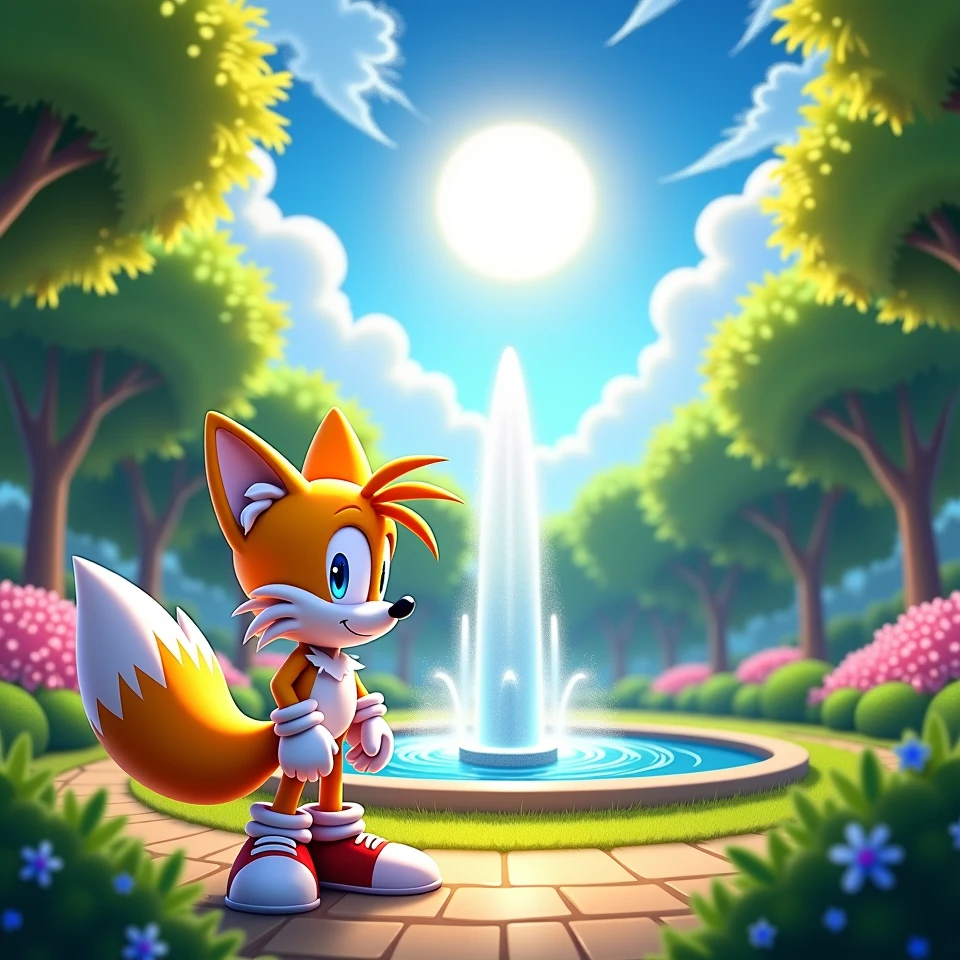 Help me by creating a Tails talking in a park it has a fountain and it's been sunny a long time it's beautiful. You can see his face