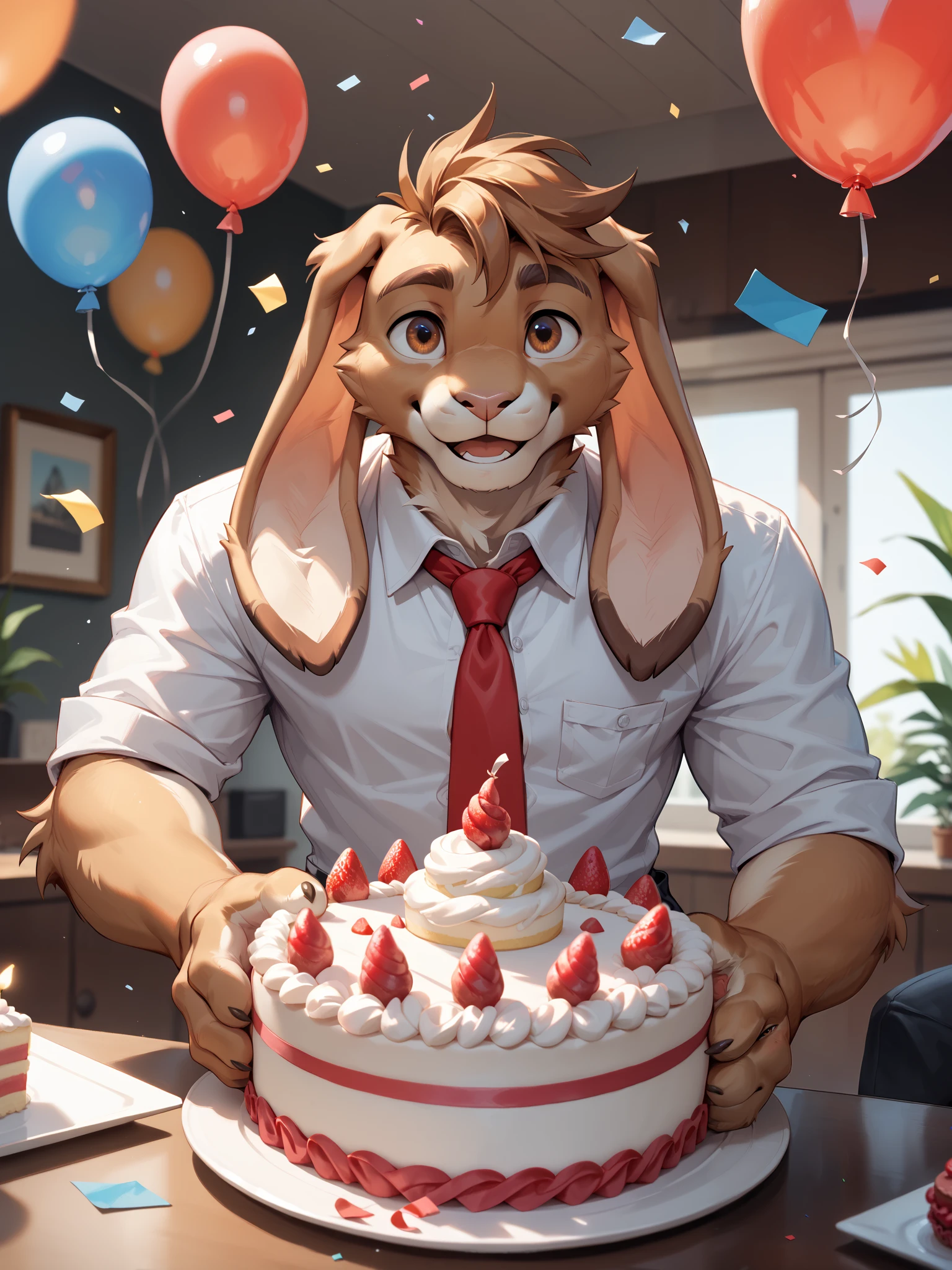 dynamic lighting, ((day)), living room, 1furry man, furry, rabbit, ((solo)), ((twink)), (cute), happy expression, ((hazel eyes)), eyebrows, ((floppy rabbit ears)), (shirt with red tie), black tight pants, (buttoned shirt), (light brown fur), light brown hands, light brown rabbit ears, fur has cream tones, birthday cake, holding birthday cake, confetti
