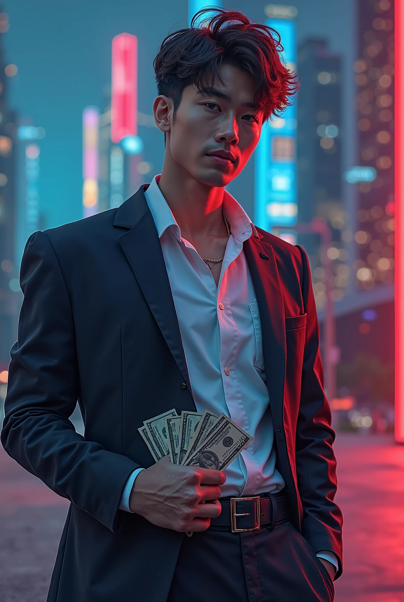 Arafed man in a suit holding a bunch of money in his hand - SeaArt AI