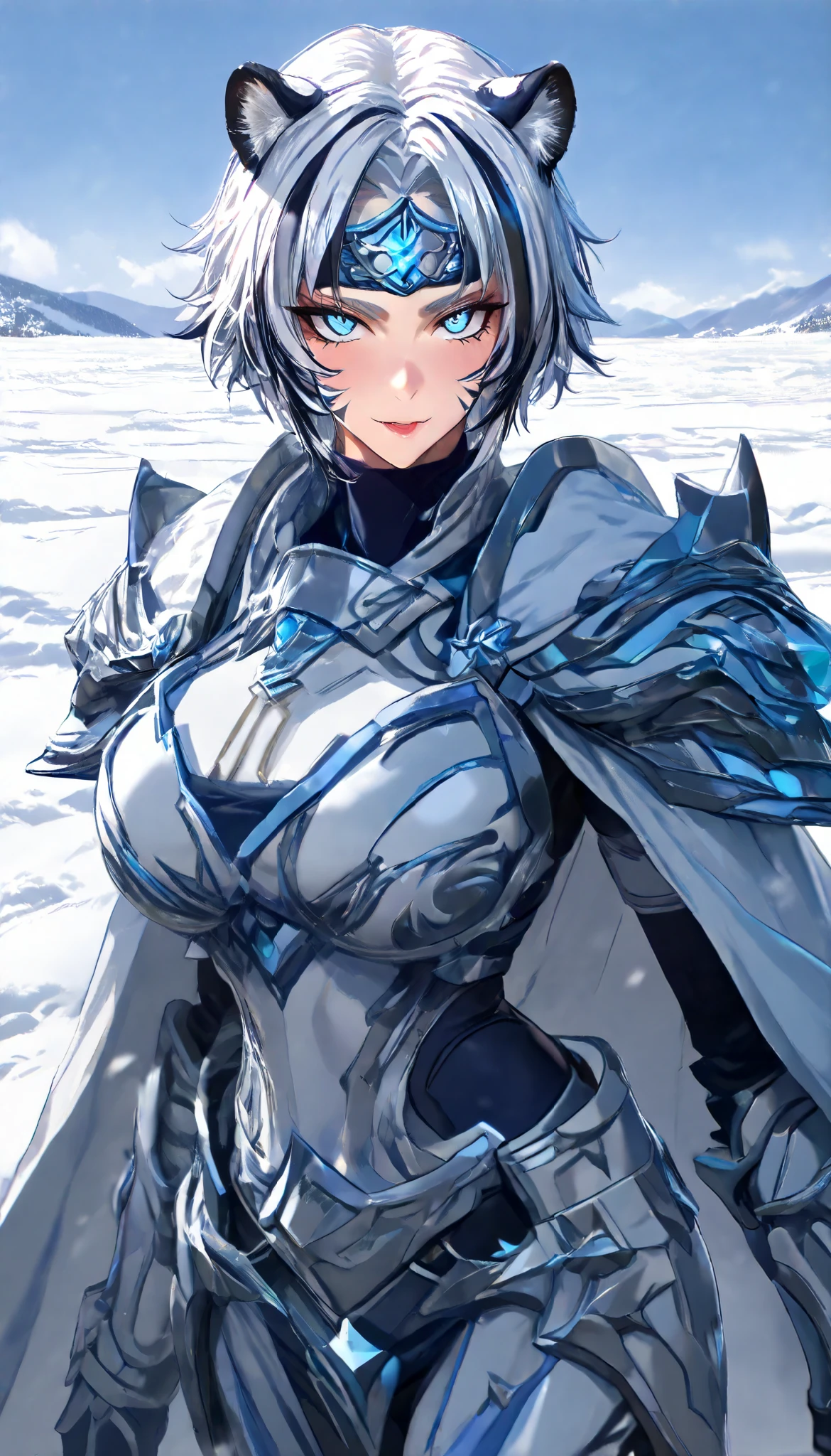 A Tiger Female ,Perfect body,Oppai (Black and White hair,short hair, streaked hair),White Tiger face Metal Forehead Protector, Blue tiger eyes, Wearing A Heavy Armor with White tiger characteristics, White cape,Torogao, seductive smile, In A Snowfield, Snowy weather, Snow,UHD, SOLO, anatomically correct, masterpiece, textured skin, high details, highres, 1080P, 16k, accurate, Beautiful face, Perfect face, Highly detailed beautiful face and eyes, Attractive face, Detailed face, Delicate facial features, Detailed skin,Cowboy shot