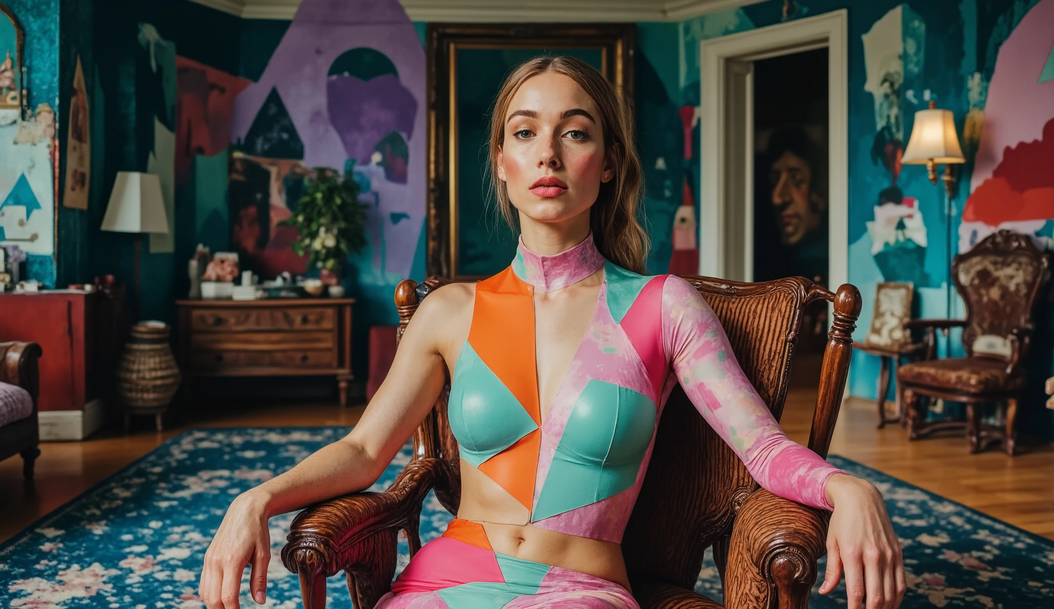 Close-up of a woman in a surreal cubist room, her body broken into sharp, angular shapes and asymmetrical features, while her face remains natural. Her form is deconstructed, with geometric elements in vibrant colors like orange, teal, and magenta. The chair she sits on is both flat and dimensional, reflecting the abstract nature of the room. The background includes fragmented furniture and walls decorated with bold patterns like triangles, circles, and jagged lines. Stylized lighting casts shadows in deep blues and purples, enhancing the surreal and cubist atmosphere of the scene, with a blend of reality and abstraction reminiscent of Picasso's work.