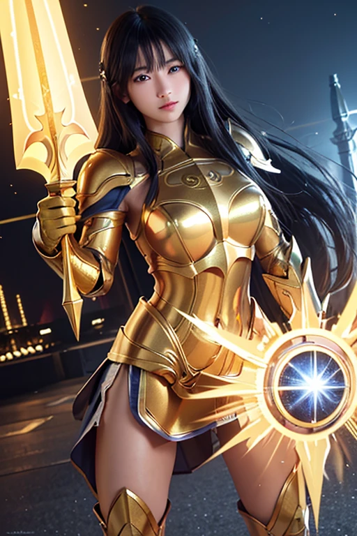 "Illustrate Vex from League of Legends by Riot Games, in her Dawnbringer skin, with radiant, golden armor and a celestial staff, featuring a majestic, yet melancholic design, having massive k-cups:1.55. She's in a heavenly realm with glowing clouds and beams of light, in an attractive pose, reluctantly embracing her power."

