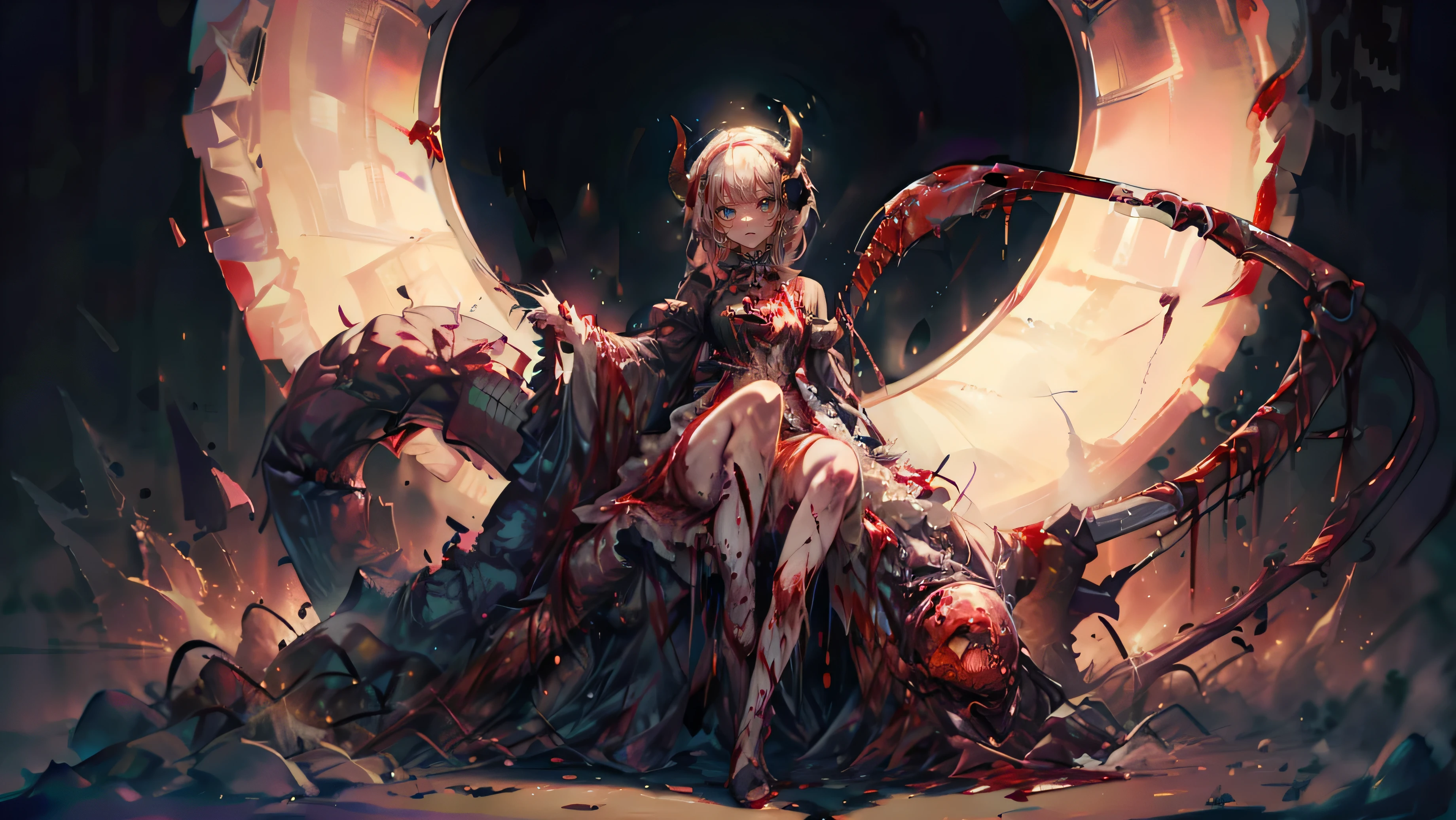 Photorealistic,(whole body, legs and 靴 visible: 1.2),..(Highest quality,4K,High resolution,masterpiece:1.2),Very detailed,Realistic:1.37,Spooky altar background,Dark fantasy,Red color scheme,Ominous atmosphere,Eye-catching,Storytelling,anatomy,Anime Style,Concept Art,beautiful細部までこだわった顔と (((Red eyes ))),A terrifying ritual ,Satanic Ritual,Premature death,inappropriate behavior,クレイジーなsmile,Scythe Face,Girl Monster, beautiful, Delicate facial features, Sharp Eye, Sharp Fangs, pale skin, Thick chain, Dark Background, Cinema Lighting, Dramatic Shadows, Gothic style, Gloomy atmosphere, Dark fantasy, one person's, Please open your mouth wide, Open your mouth and baring your teeth,Sharp teeth like a beast, Wide lips, very wide mouth, Vermilion cheeks, ,(Blood splatter:1.4),Scary smile, smile,Angel Design, Twisted smile、Bloody、bleeding from the head,,,,,、Blood splatter、,(Blood splatter:1.4),skull,Horror Style, ((Fantasy Sweet Ta Frill Pink Costume)), ((Flowing blonde hair)), ,(Blood splatter:1.4),Female curves, Sexy flat stomach, Perfect hands, Perfect anime face, (Pink Tata Dress)), Are standing, ((邪悪なsmile)), ,(Blood splatter:1.4), Steam circulates, Moonlight Illumination, night lighting, (Blood splatter:1.6),アニメAngel Design, Twisted smile、Bloody、bleeding from the head,,,,,、Blood splatter、,(Blood splatter:1.4), skull,Gothic architecture、Western architecture、Fantasy World、,Victorian cities, Skeleton Gas Light,Absurd, High resolution、 ((Tabletop)), ((Highest quality)), (Very detailedな), ((Very detailed)), (beautiful), ((cute)), (NFSW:1.8), alone,(10 years old:1.6)、(world'The most terrifying and creepy demon girl:1.5)beautiful face、whole bodyエズビアン、pale, beautiful肌、beautiful金の髪、Smiling Kindly、Dark building ruins、(snow white'Frill dress:1.3)、(The dark ruins are stained with blood:1.3)、ローアングルwhole bodyショット、(少女は血の海の中にAre standing:1.5)、(The ground is full of blood:1.3)、(The girl lost a lot of blood....:1.3)、(クレイジーなsmile:1.6)、Spirits、(Blood dripping from the mouth:1.3)、Create a photorealistic dark chapel image set, Illuminated only by moonlight, with an anime-style character as the protagonist. She is portrayed as an evil guru.., She is wearing a black dress、Wearing a striking black veil。., pale肌, and long black claws. Her eyes are red, Adding to her eerie presence. Pagan God々Surround her with symbols, Integrate into the dark chapel environment. リアルなチャペルと様式化されたアニメののコントラストが際Are standingはずです, Emphasis on the integration of various artistic mediums.