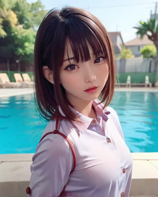 pureerosface_v1, best quality, photorealistic, 8k, high res, full color, 1girl, woman, 20 years old woman, (closed mouth:1.33), (portrait:0.6), trees, daylight, ((poolside background:1.52)), full color, ((buttoned shirt:1.88)), looking at viewer:1.8, (1girl eyes looking at viewer:1.55), (medium hair, brownihair, partedbangs:1.35), (bokeh),