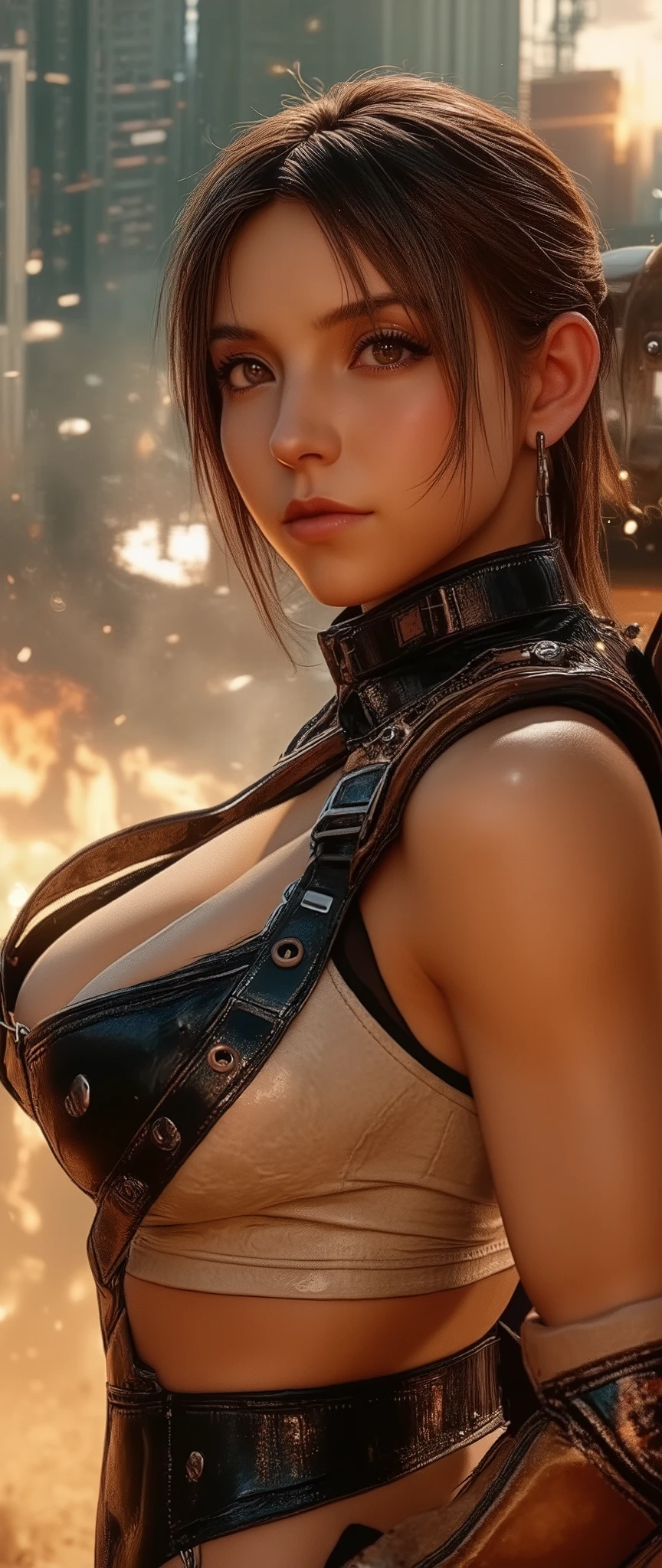 Wore a Tifa Lockhart cosplay costume(Sydney Sweeney), Big Breasts、deep cleavage、 sexy、 Intense Action
