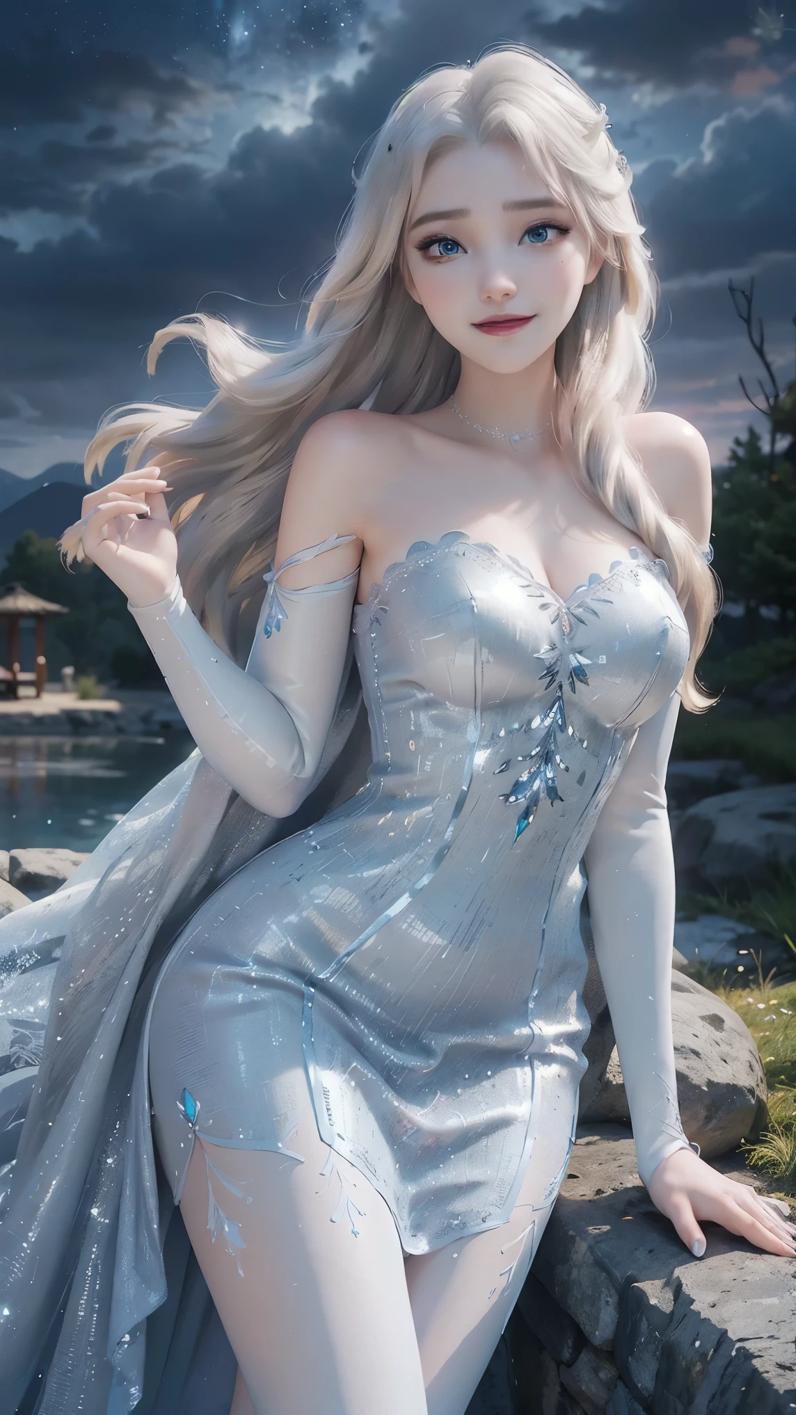Elsa,(best qualityer,4K,8k,high resolution,work of art:1.2)(weather: sunset), Japanese village background, garden pond, strapless gown dress, elbow long gloves, thigh high fishnet stockings, crystal high heels, eyeliner, long wavy hair, platinum blonde hair, ultra detailed, realistic, portrait, beautiful detailed blue eyes, glowing eyes, blush, beautiful detailed lips, extremely detailed eye and face, long eyelashes, sexy, average, large breasts, beaming smile, flirty smile, powerful girl, elegant pose, stunning curves, bright coloured, dramatic lighting, starry skies,