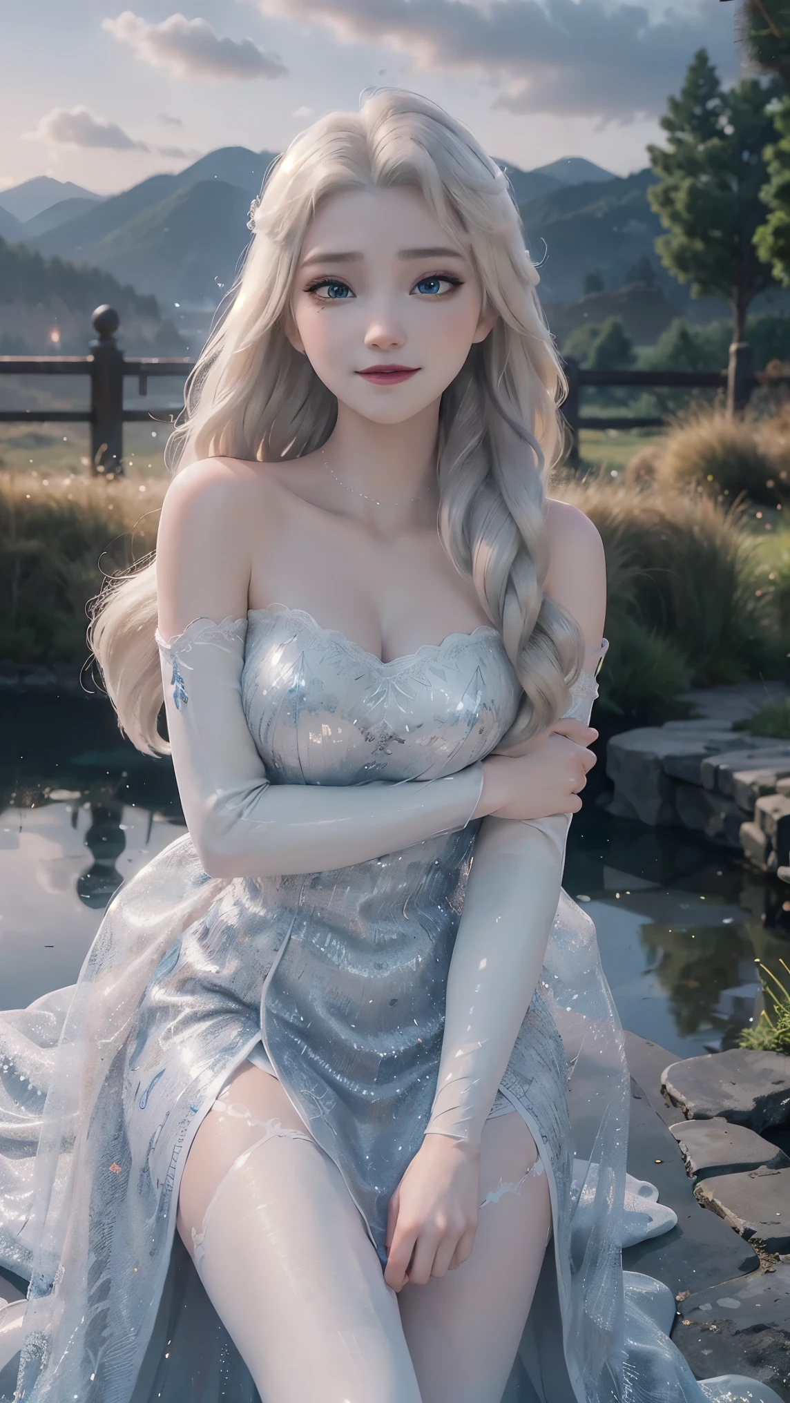 Elsa,(best qualityer,4K,8k,high resolution,work of art:1.2)(weather: sunset), Japanese village background, garden pond, strapless gown dress, elbow long gloves, thigh high fishnet stockings, crystal high heels, eyeliner, long wavy hair, platinum blonde hair, ultra detailed, realistic, portrait, beautiful detailed blue eyes, glowing eyes, blush, beautiful detailed lips, extremely detailed eye and face, long eyelashes, sexy, average, large breasts, beaming smile, flirty smile, powerful girl, elegant pose, stunning curves, bright coloured, dramatic lighting, starry skies,