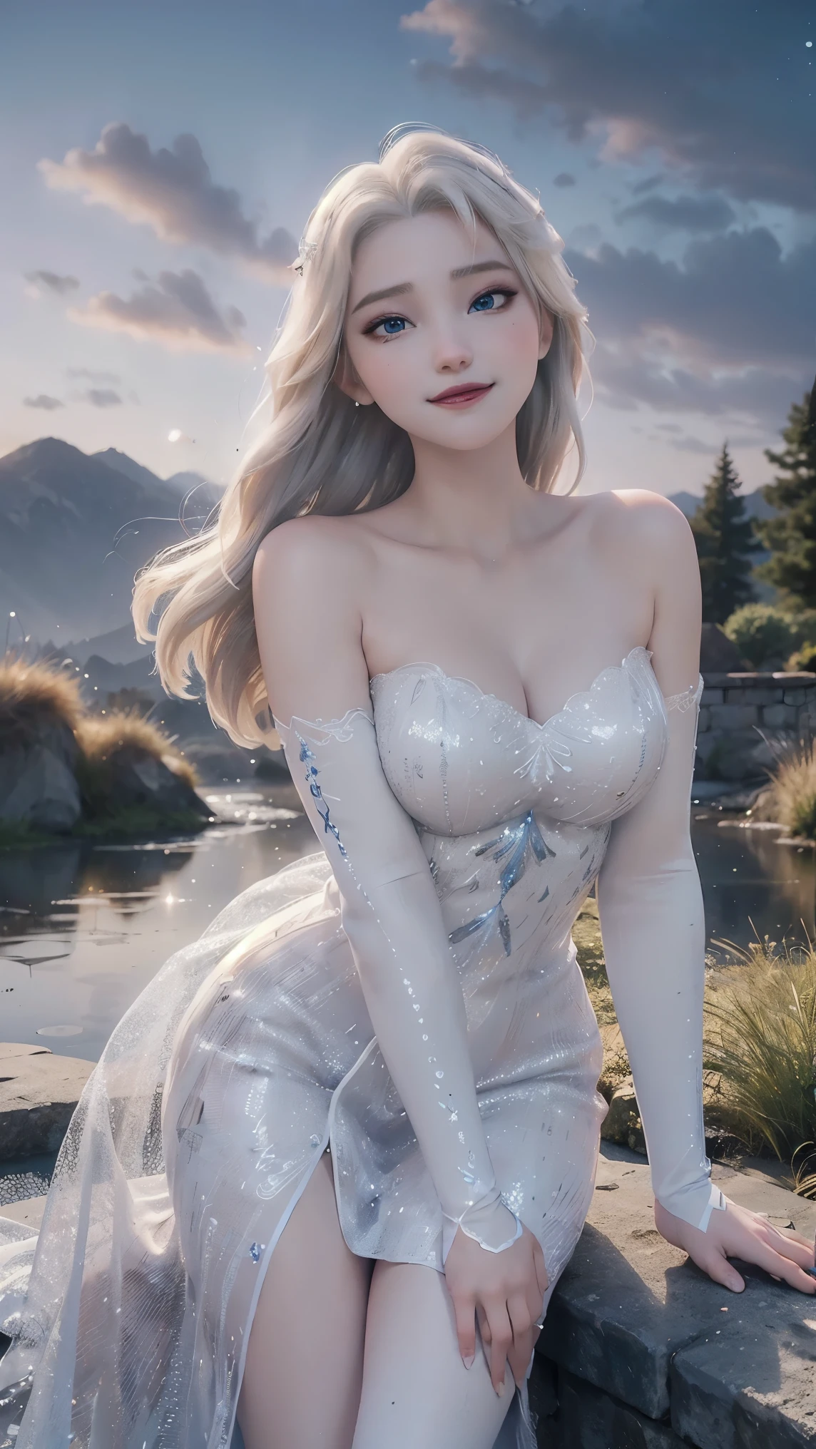 Elsa,(best qualityer,4K,8k,high resolution,work of art:1.2)(weather: sunset), Japanese village background, garden pond, strapless gown dress, elbow long gloves, thigh high fishnet stockings, crystal high heels, eyeliner, long wavy hair, platinum blonde hair, ultra detailed, realistic, portrait, beautiful detailed blue eyes, glowing eyes, blush, beautiful detailed lips, extremely detailed eye and face, long eyelashes, sexy, average, large breasts, beaming smile, flirty smile, powerful girl, elegant pose, stunning curves, bright coloured, dramatic lighting, starry skies,