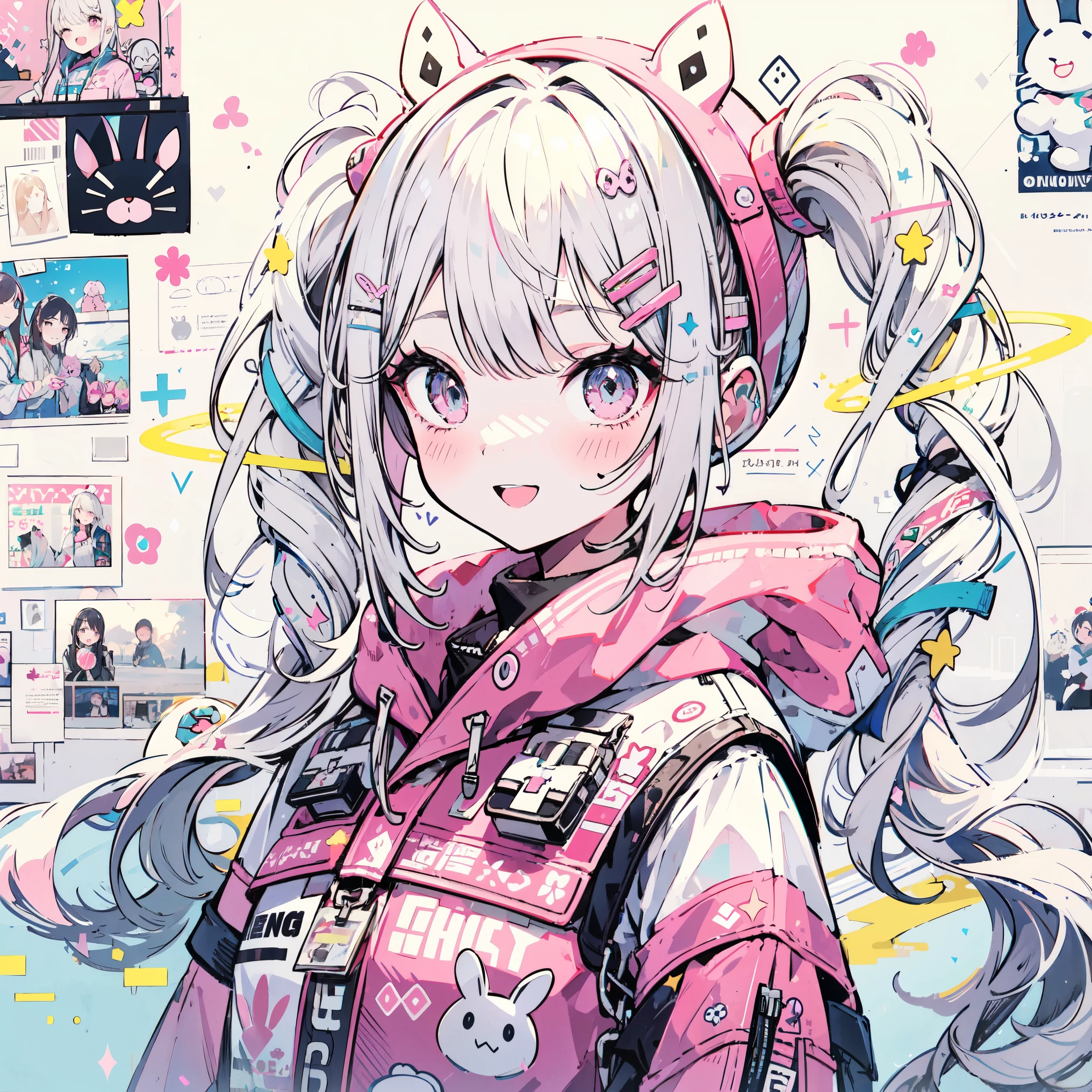 Alice Bunny、Winter clothes,Long coat、 muffler, headband、 floating hair ornament 、 open your mouth, smile," cute, cute, cute女の子, Adorable woman with white hair and cat ear glasses. She's wearing a wintery costume with star and sky motifs..,Clothes are fluffy and soft , Decora accessories like hair clips. There are lots of stickers on the wall