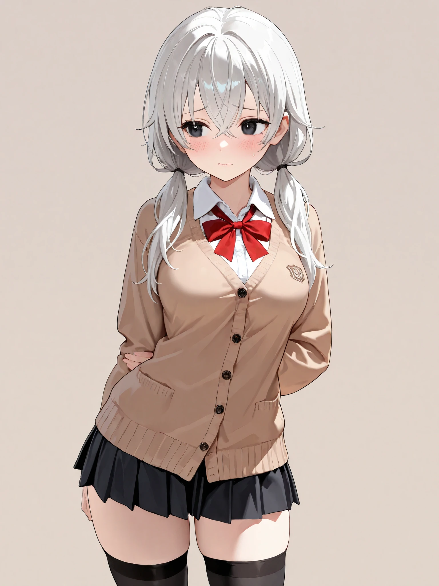 1girl ,arm behind back ,black skirt ,black thighhighs ,blush ,breasts ,silver hair ,collared shirt ,dress shirt ,long hair ,medium breasts ,miniskirt ,closed mouth ,black eyes ,school uniform ,pleated skirt ,standing ,brown cardigan ,solo ,thighhighs ,low twintails ,hair between eyes ,crossed bangs ,white shirt ,red ribbon ,worried brow ,look away ,simple background ,masterpiece, best quality, ultra detailed ,