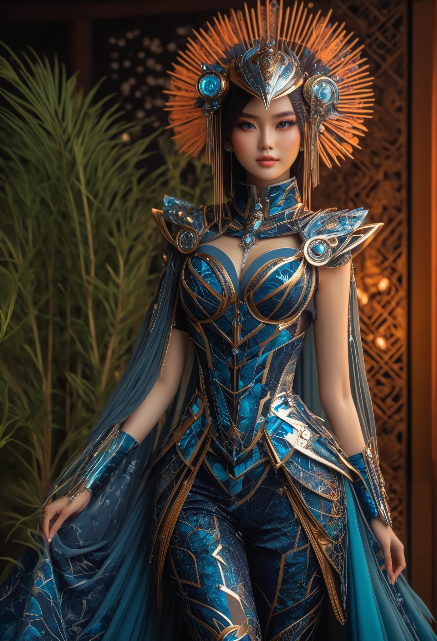 Stunning hyperrealistic Japanese girl , by Ash Thorpe and Martha Nael , anime, manga, character, upper body only , in sophisticated fantasy clothing , inspired by Indonesian culture , futuristic and modern , bright colors , soft focus , warm lighting, Sony a7R IV, ƒ.8, 50 mm, 8 k, high quality printing, Delicate features, complex details, dynamic pose, combination of traditional and futuristic elements, luxury accessories , exotic patterns , Batik style design , traditional Indonesian headdress , sophisticated jewelry . full length tuff, whole body
