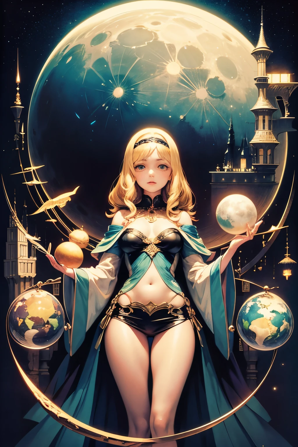 Ivan Bilibin, Hajime Sorayama, Surreal, mysterious, strange, fantastical, fantasy, Sci-fi, Japanese anime, spherical pop-up card celestial globe, paper craft, beautiful blonde miniskirt girl who loves crafts, Alice, perfect voluminous body, detailed masterpiece