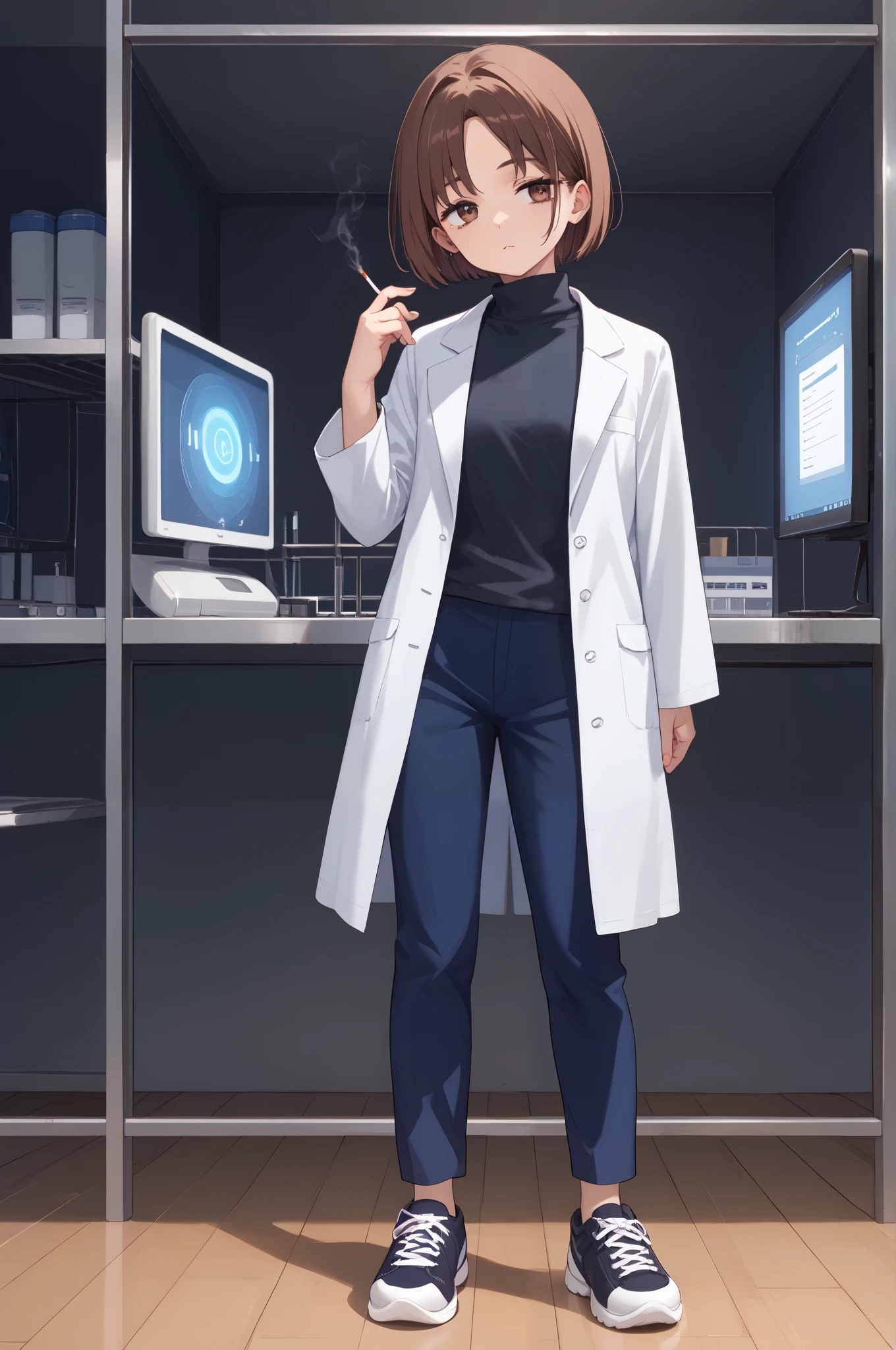 masterpiece, TOP QUALITY, great quality, high resolution, is ridiculous, very aesthetic, high resolution, super precise, perfect detail, 1 girl, Alone, indoors, Here are the words , short hair, brown hair on both arms, split bangs, brown eyes, makeup on streaks, eyeshadow, dark dark circles under the eyes, Long Sleeve, black sweater , turtleneck sweater, white lab coat , blue pants, capri pants, black footwear, sneakers, (anime coloring:1.2), (anime screen capture:1.2), viewers, Holding Cigarettes, pose 、Cheeky、12age、facing the front、 tired look