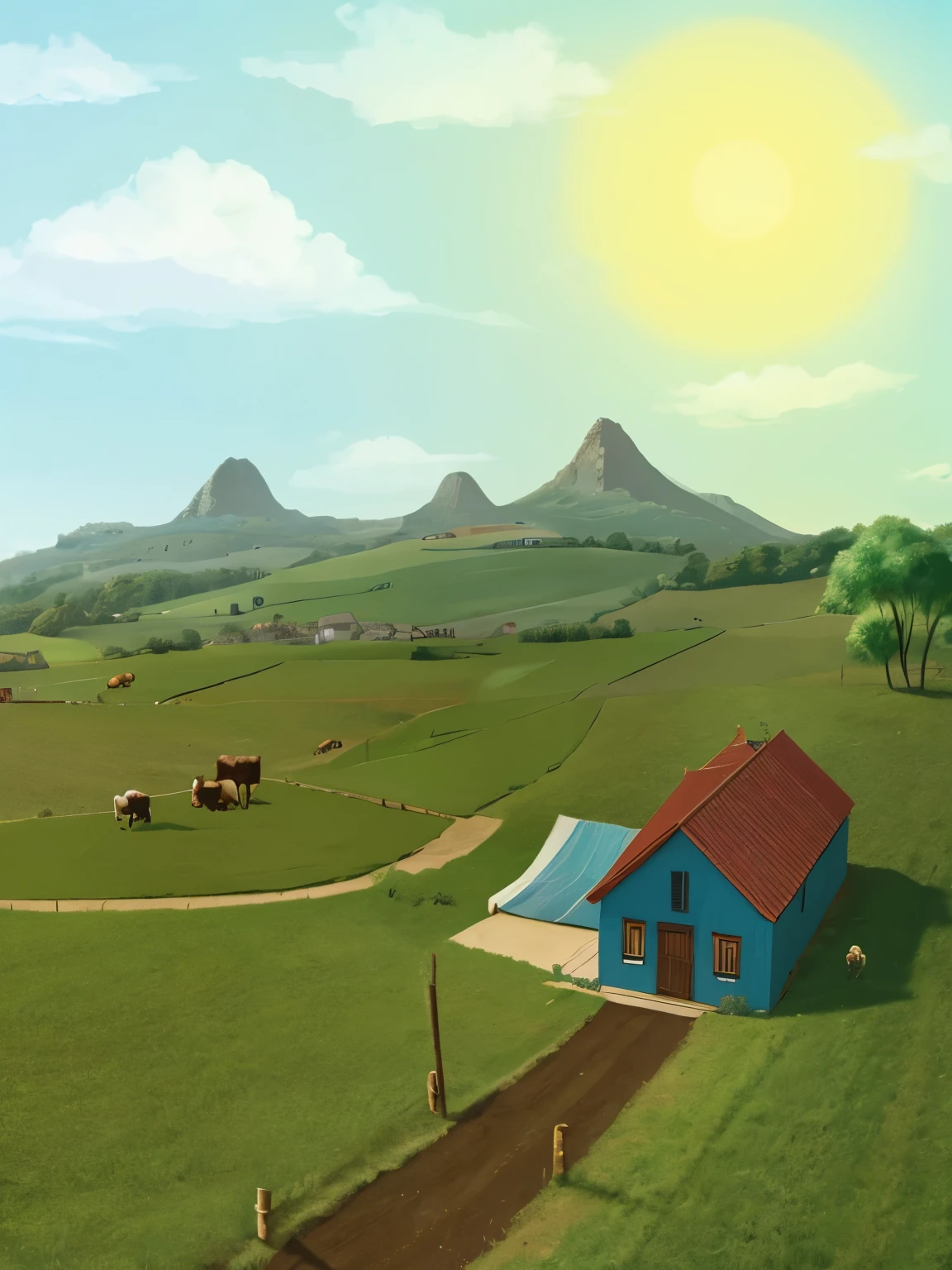 make a surrealism and keep everything that is in this drawing of a farm with a blue house with a pool and a fence, sunny environment, farm, landscape illustration, farm land, countryside, on a sunny day, pastoral environment, sunny landscape, village, background scene; farm background, 
three cows in a pen, agriculture, natural environment, a farm with no houses around, sunny day, quiet and unpopulated environment, static animation, static film animation, rendered illustration,